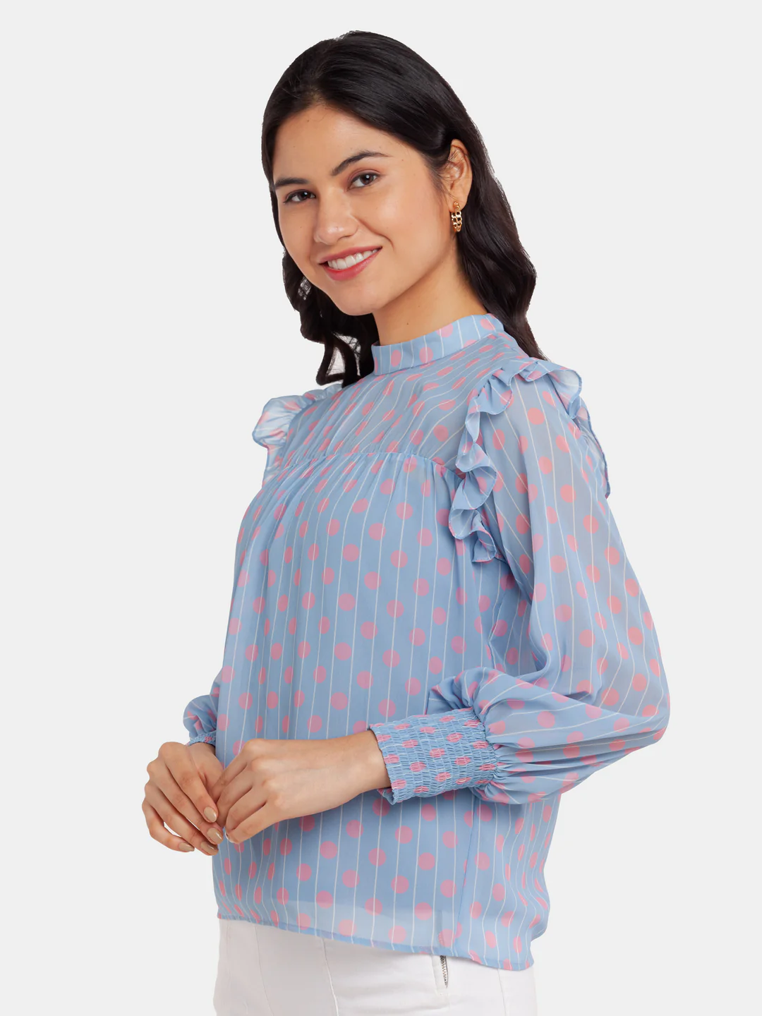 Blue Printed Ruffled Top - Image 3