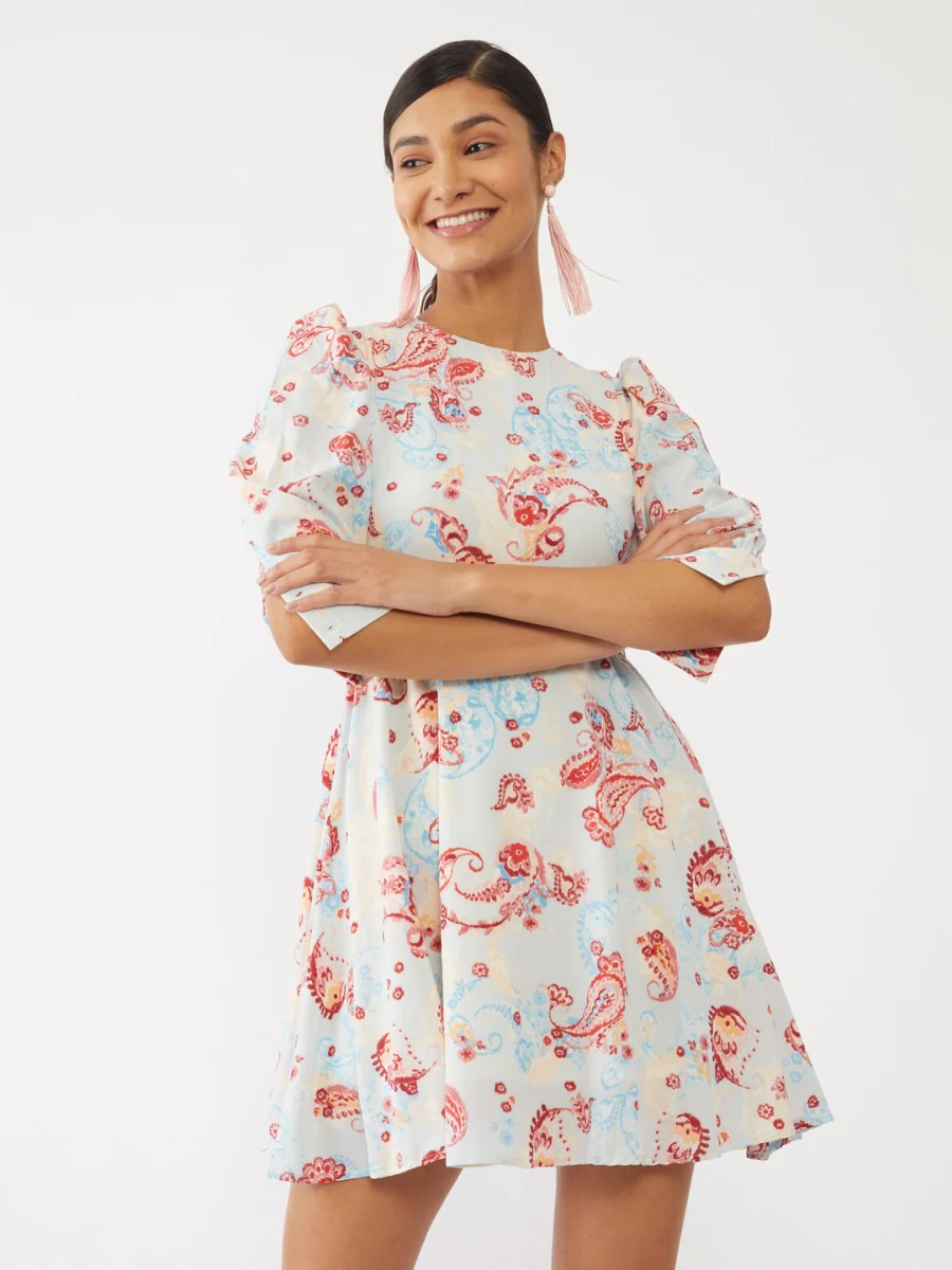 Blue Printed Short Dress - Image 2