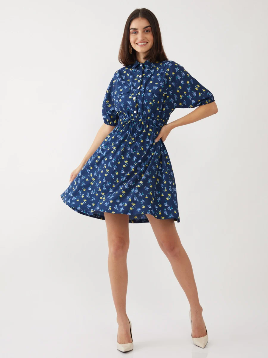 Blue Printed Short Dress - Image 4
