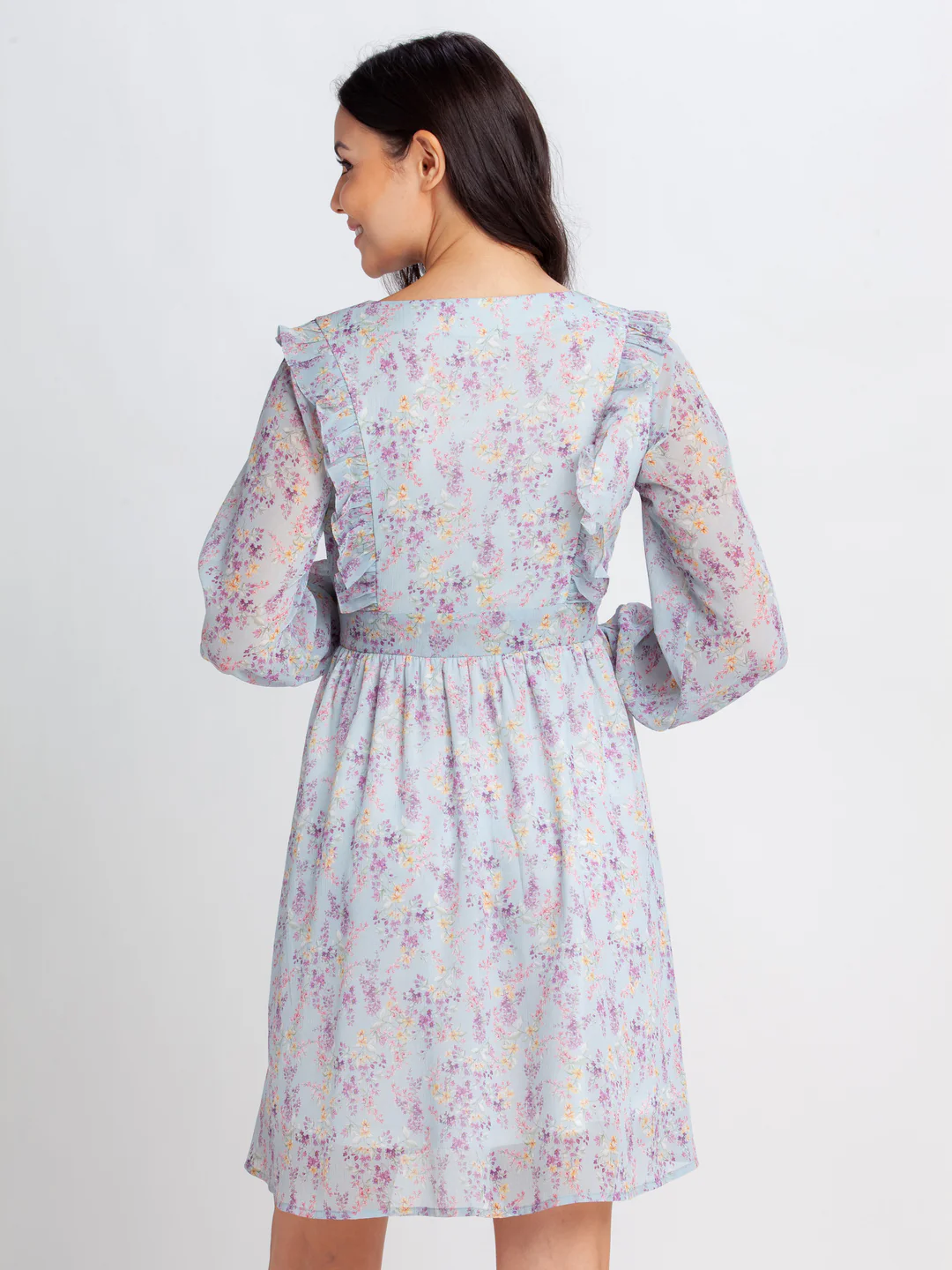 Blue Printed Short Dress - Image 4