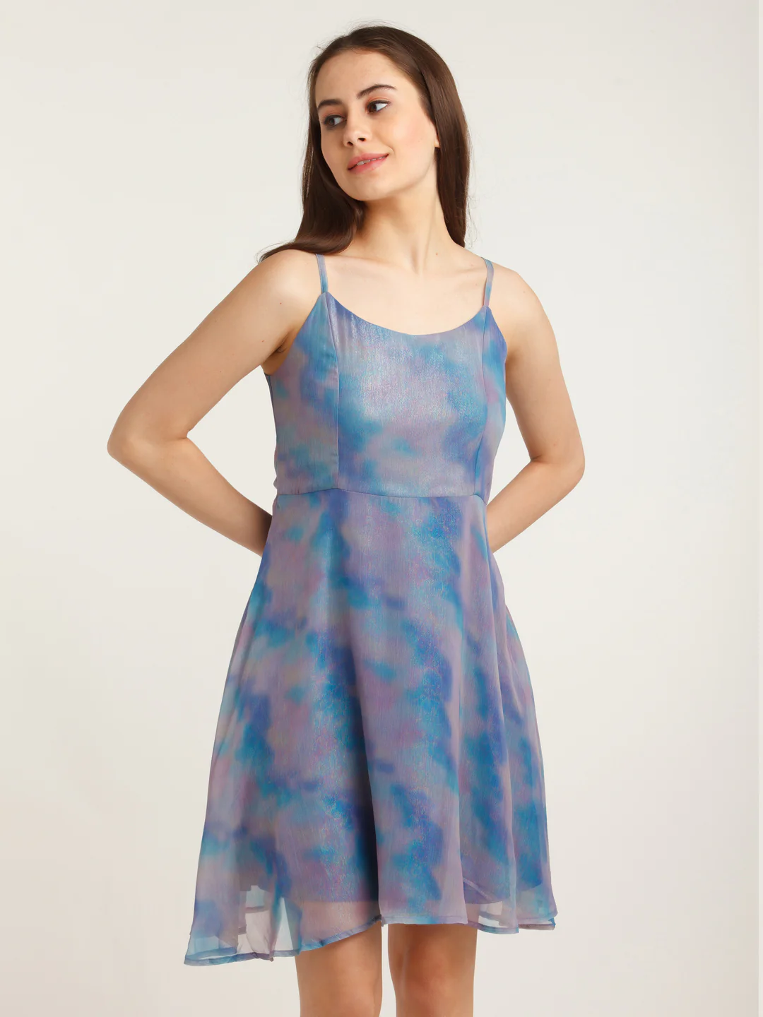Blue Printed Strappy Short Dress - Image 2