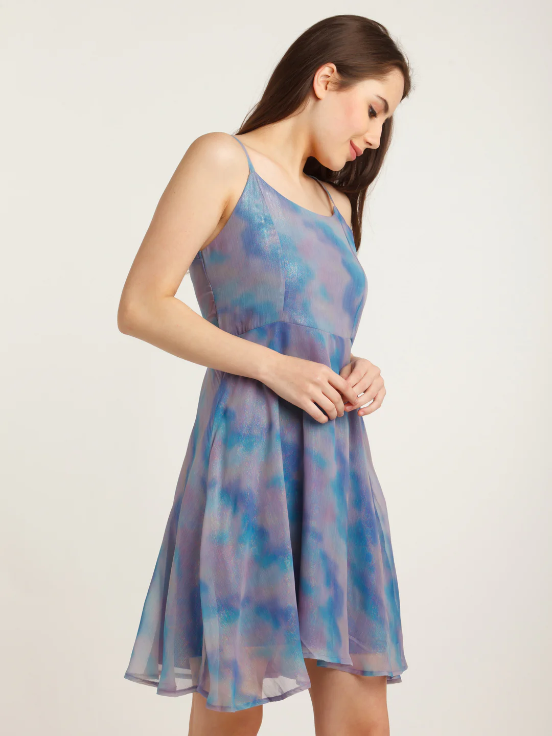 Blue Printed Strappy Short Dress - Image 3