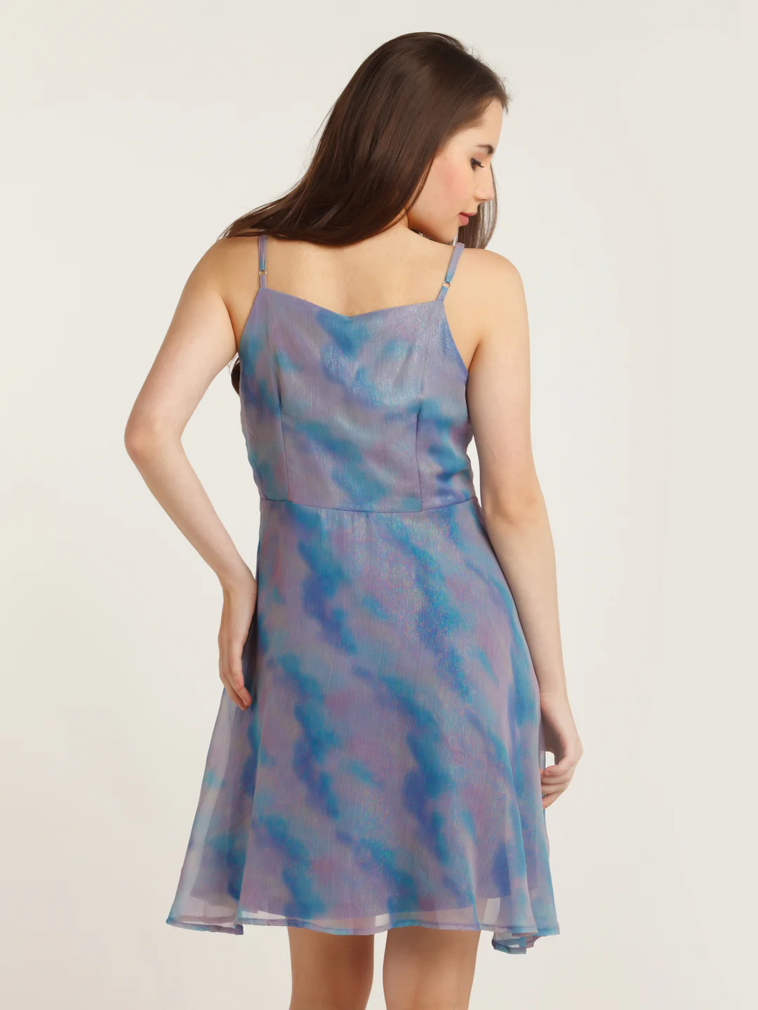 Blue Printed Strappy Short Dress - Image 4