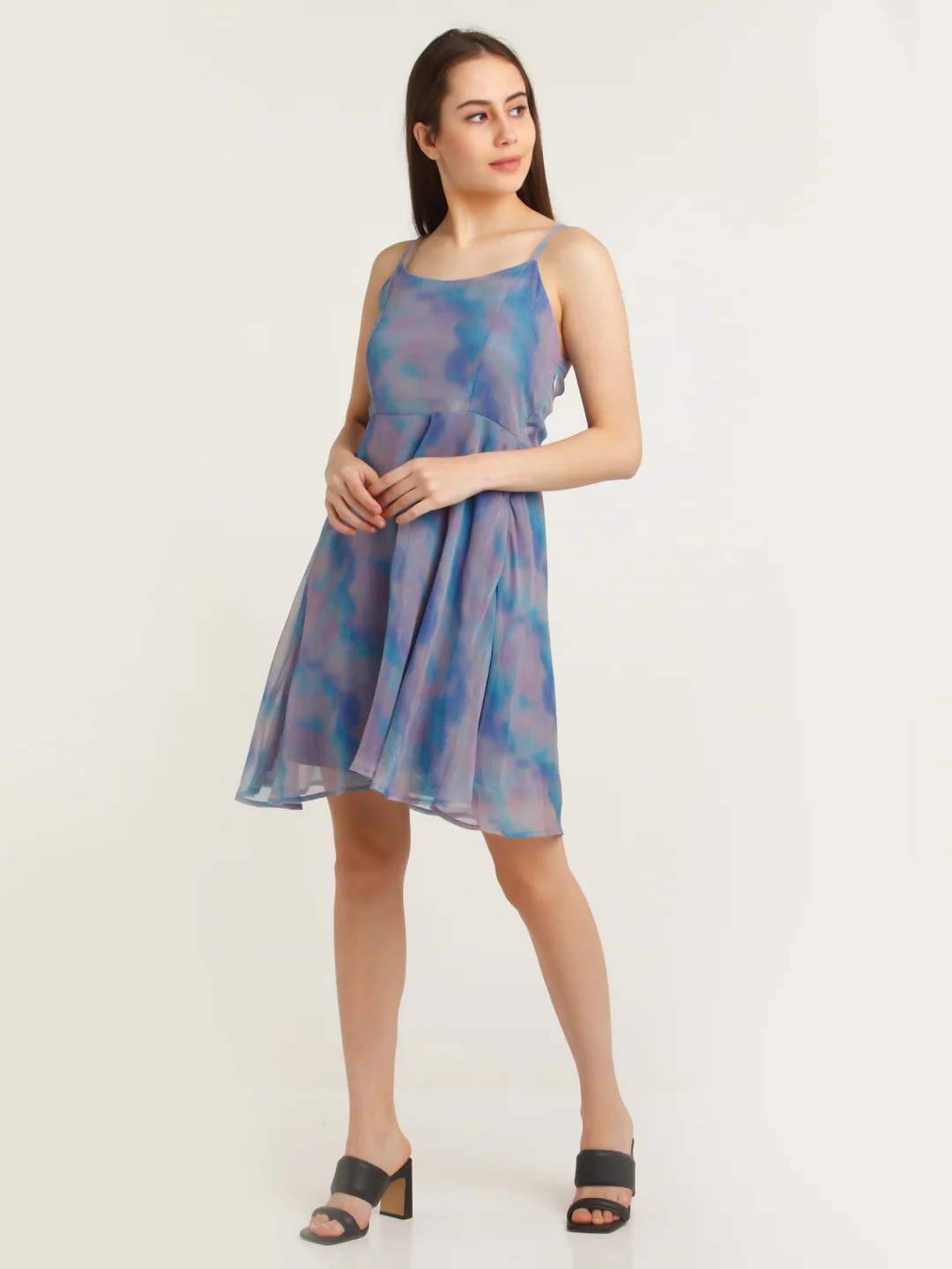Blue Printed Strappy Short Dress - Image 5