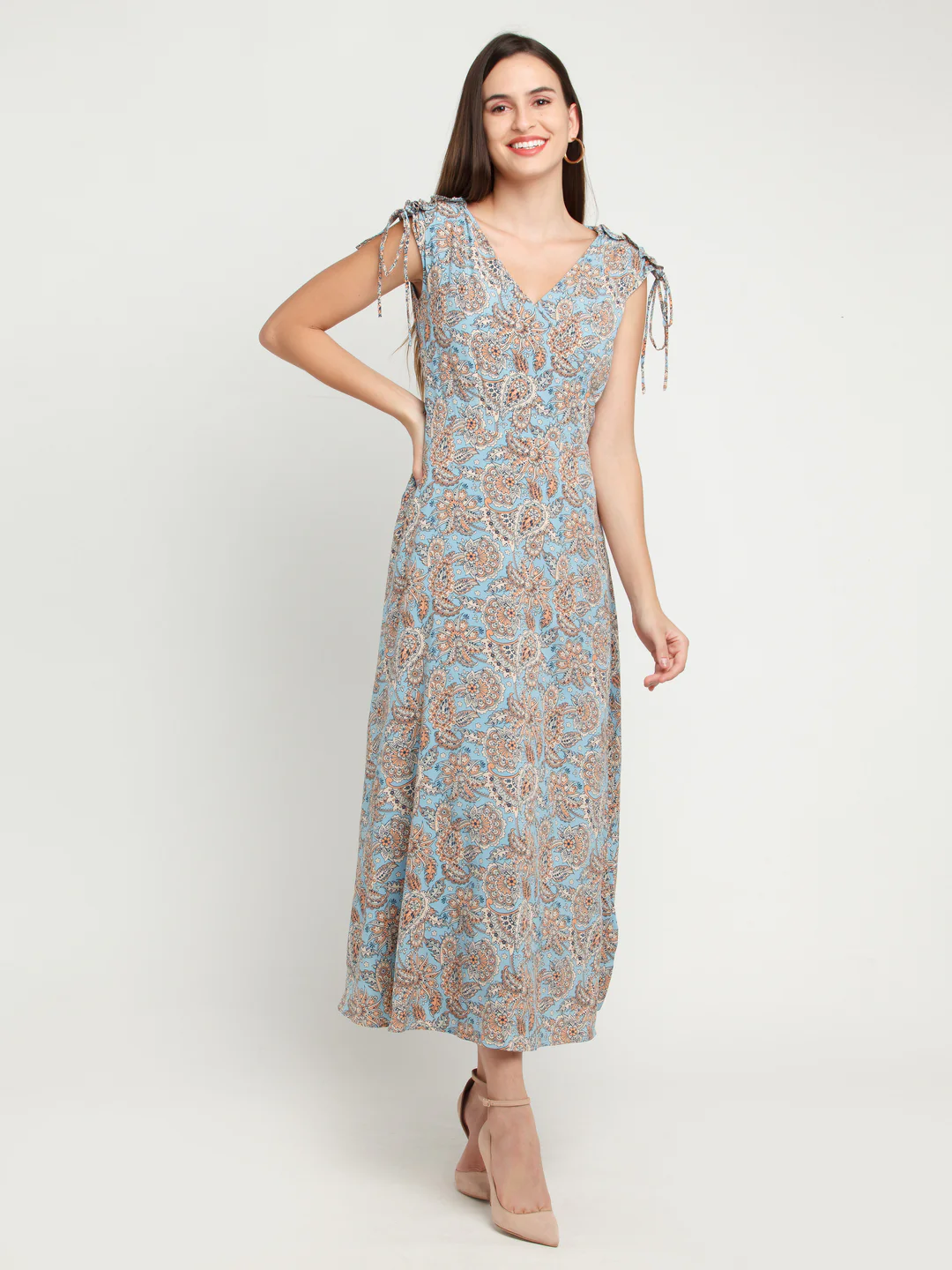 Blue Printed Tie-Up Maxi Dress - Image 2