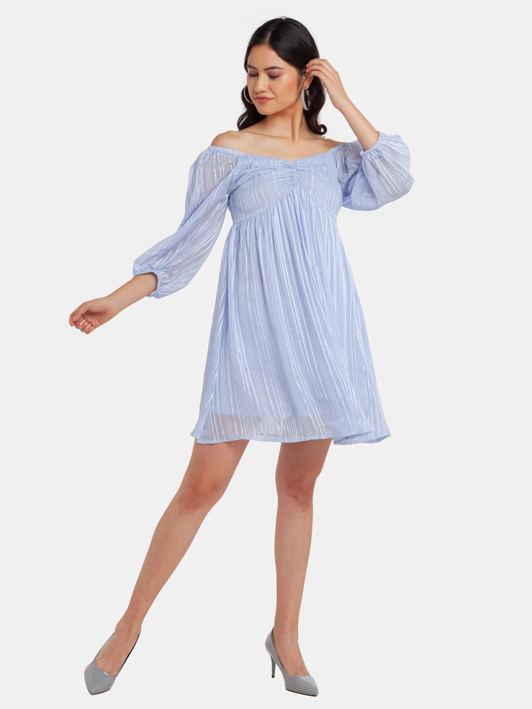 Blue Puff Sleeve Short Dress