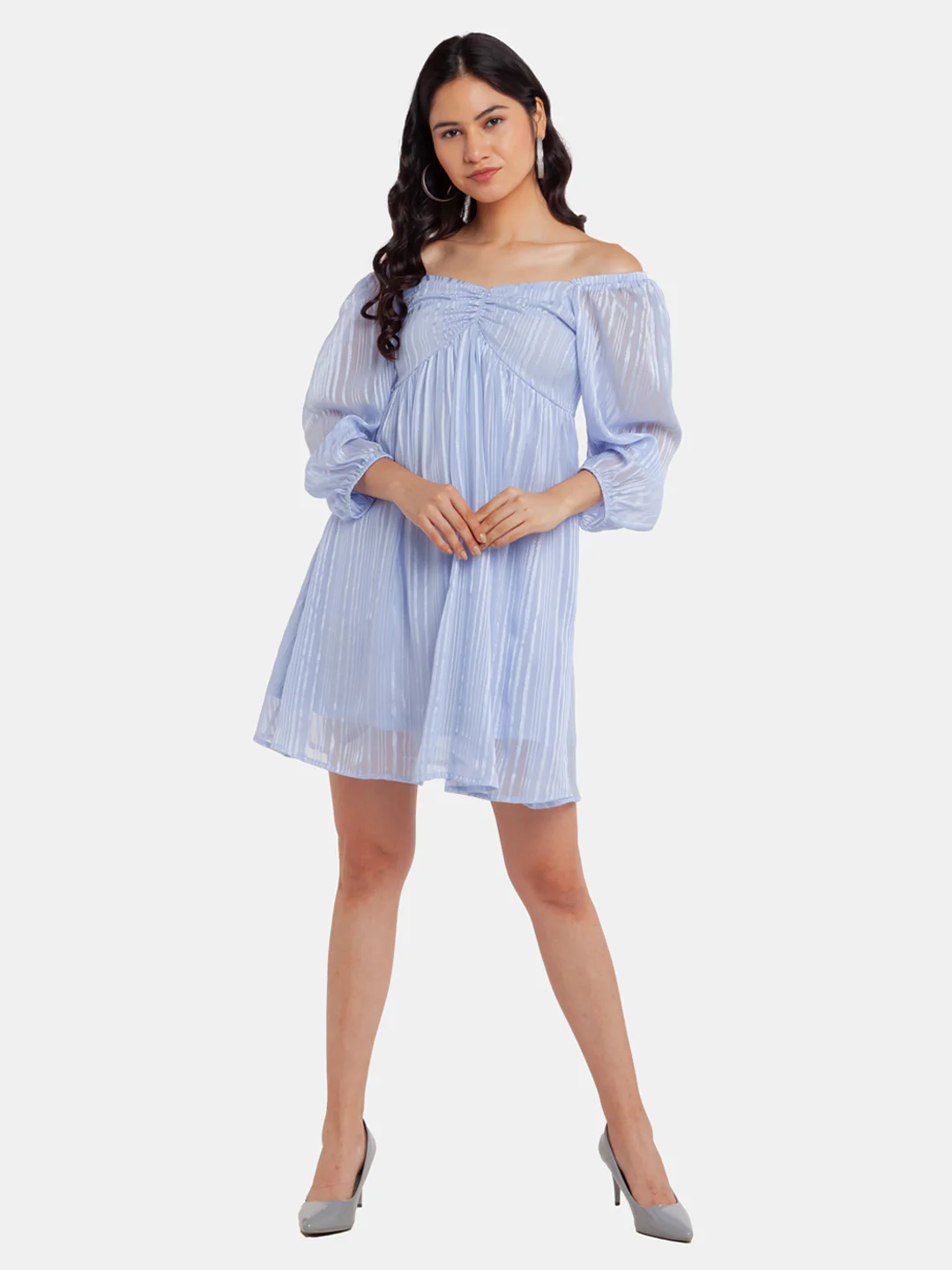 Blue Puff Sleeve Short Dress - Image 2