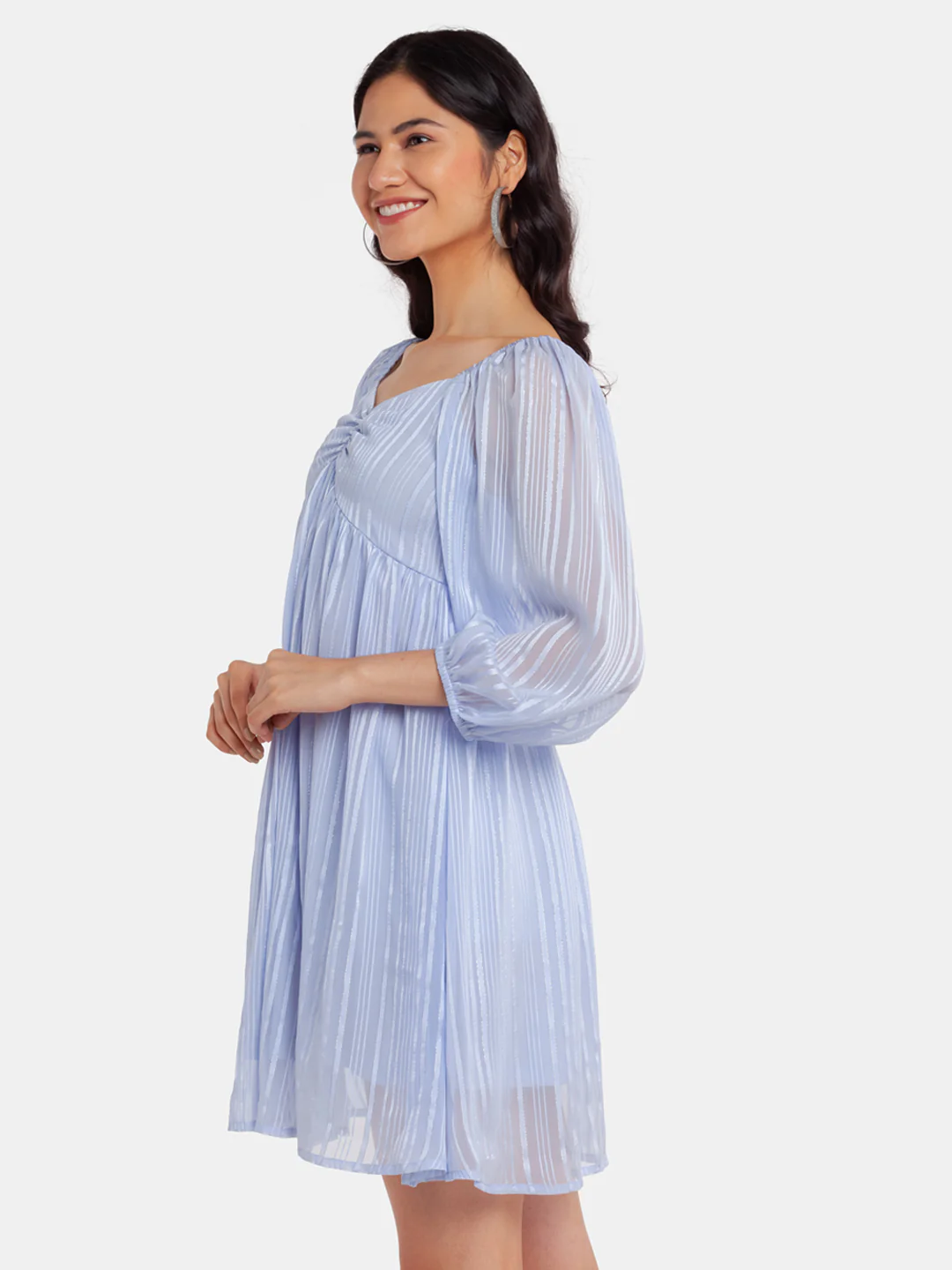 Blue Puff Sleeve Short Dress - Image 3