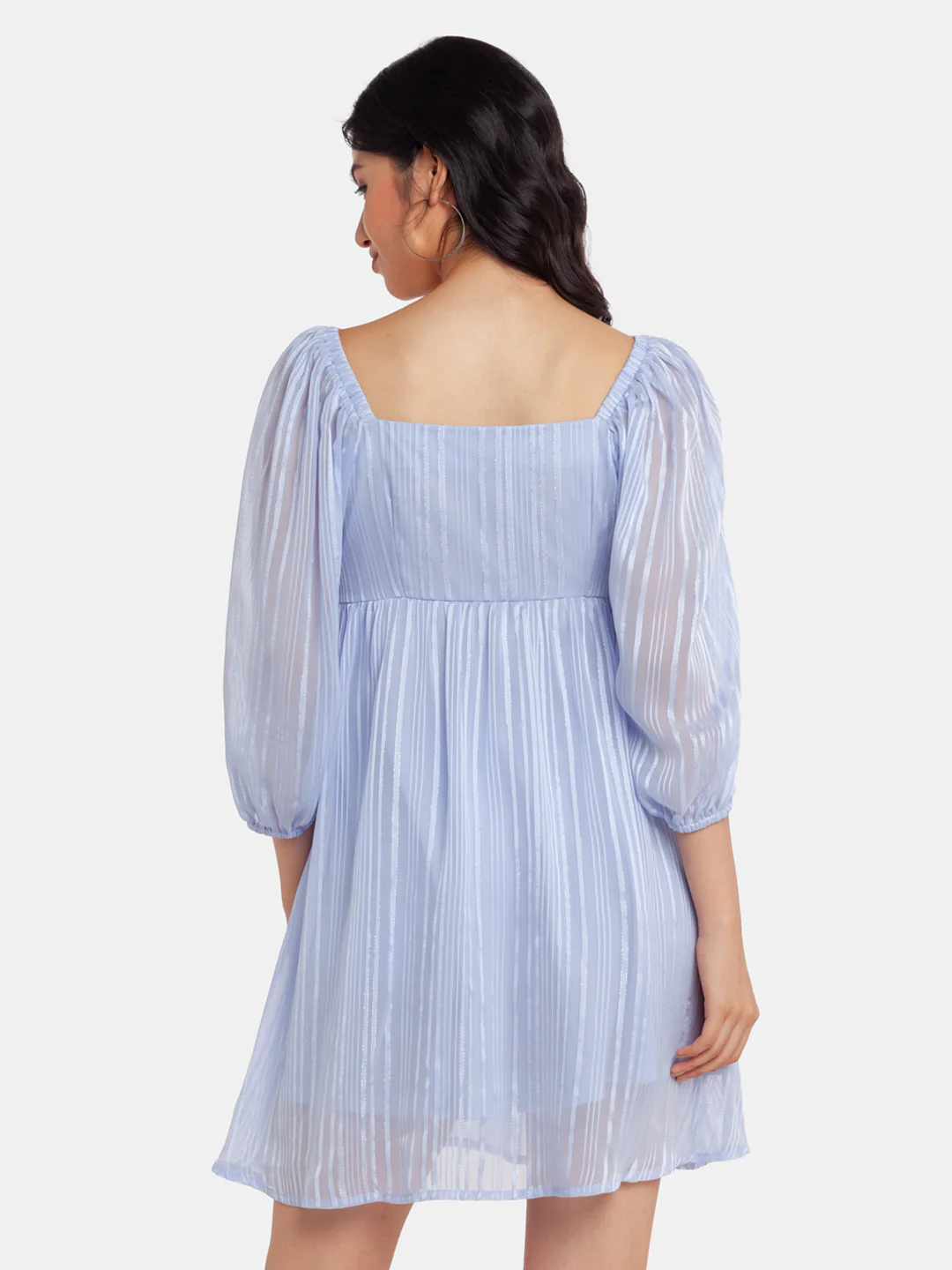 Blue Puff Sleeve Short Dress - Image 4