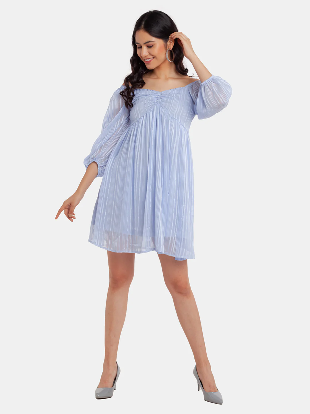 Blue Puff Sleeve Short Dress - Image 5