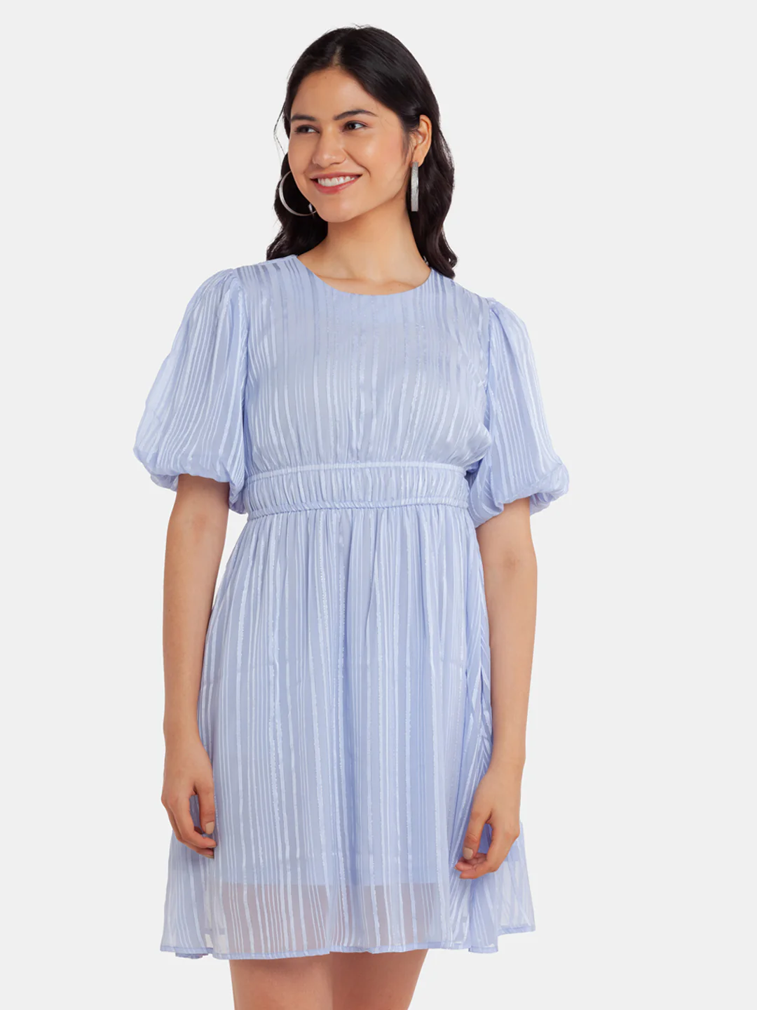 Blue Puff Sleeve Short Dress - Image 2
