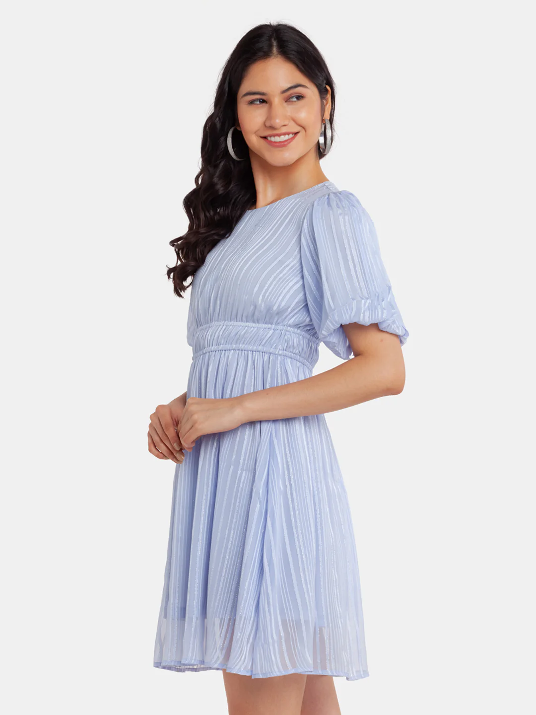 Blue Puff Sleeve Short Dress - Image 3