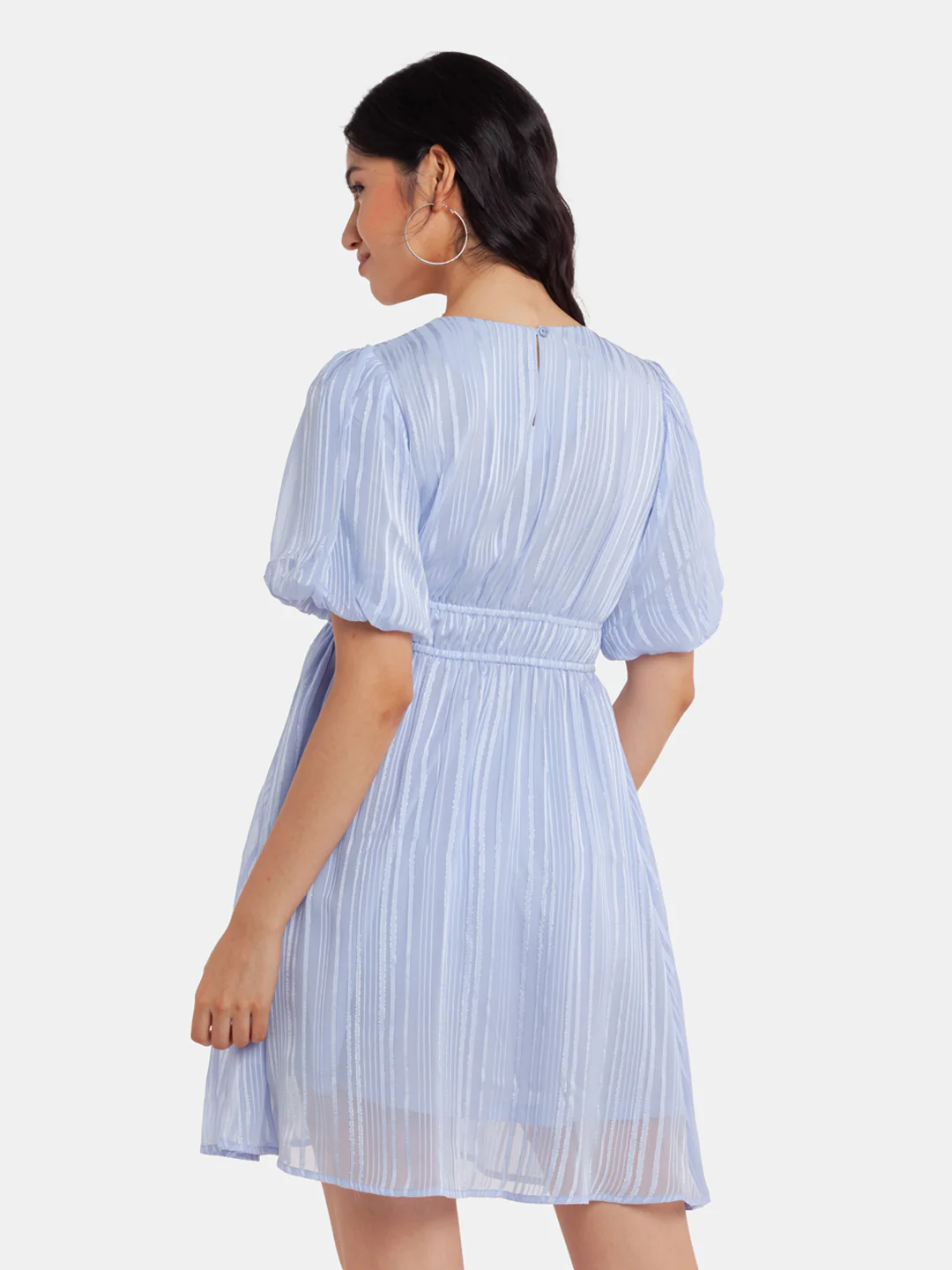 Blue Puff Sleeve Short Dress - Image 4