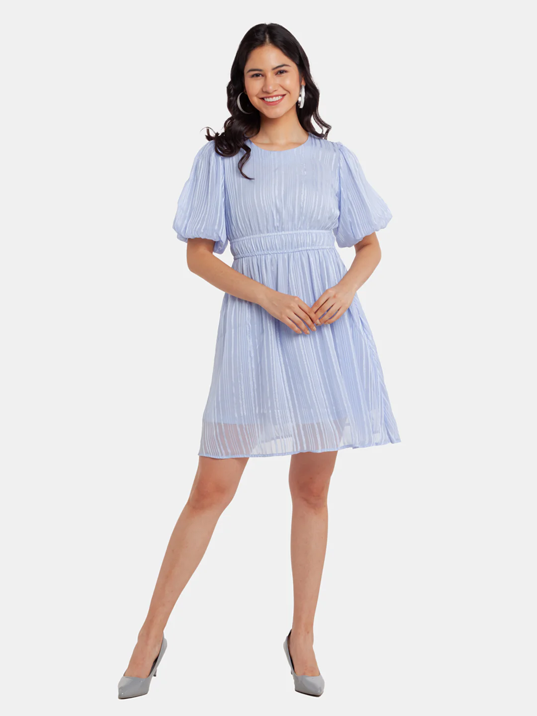 Blue Puff Sleeve Short Dress - Image 5