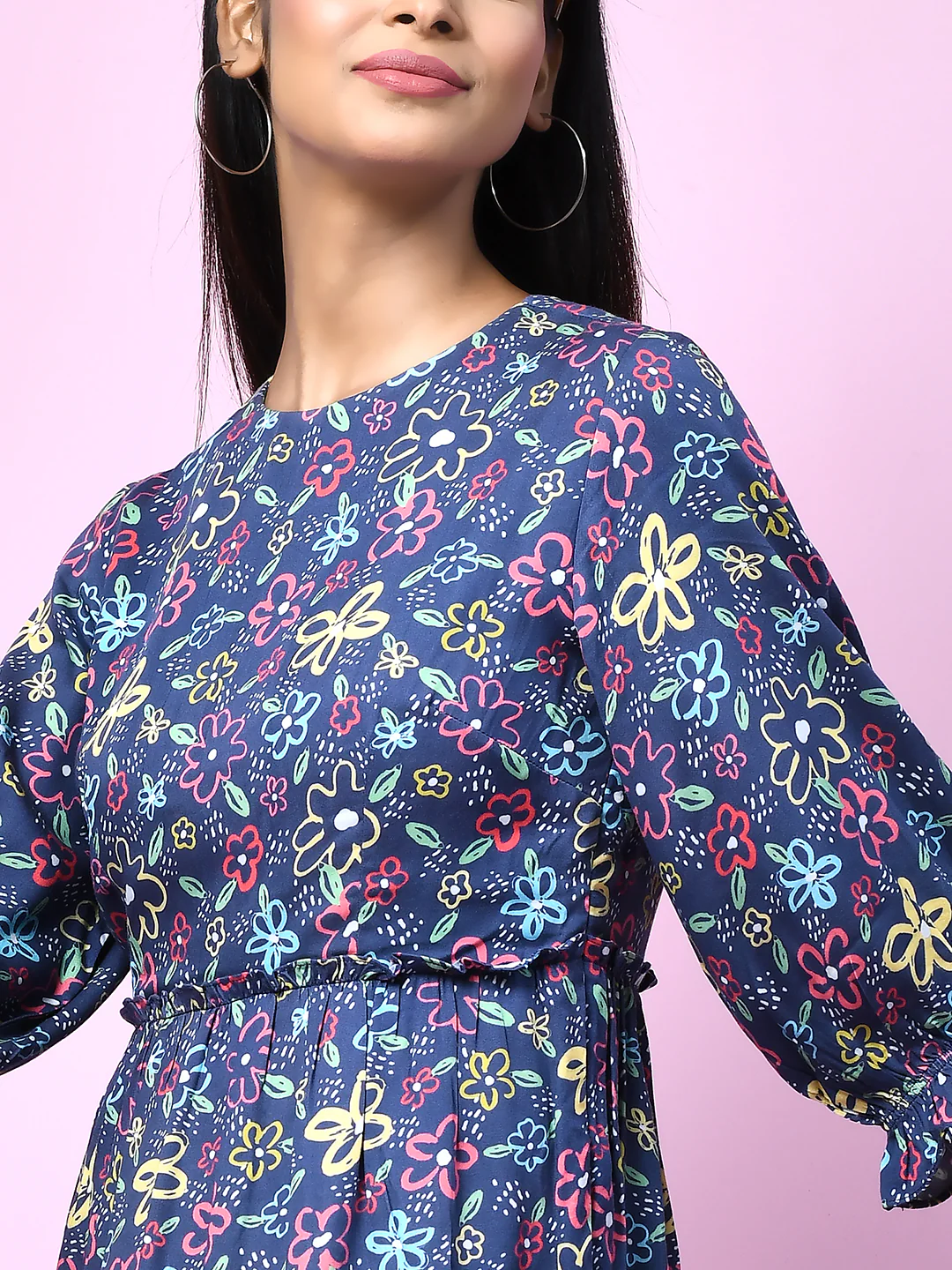 Blue Quirky Printed Gathered Short Dress - Image 6