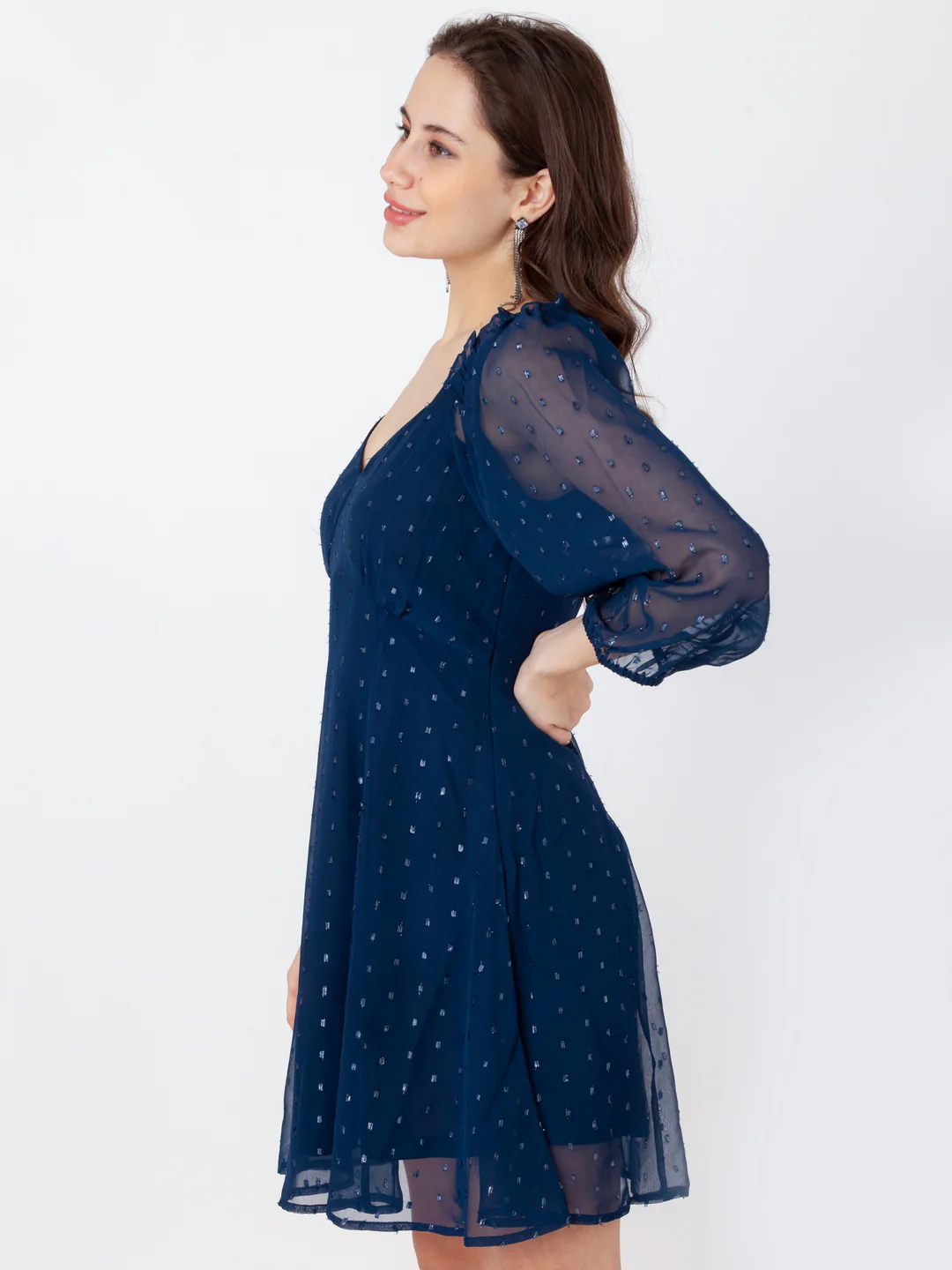 Blue Self Design A-Line Short Dress - Image 4
