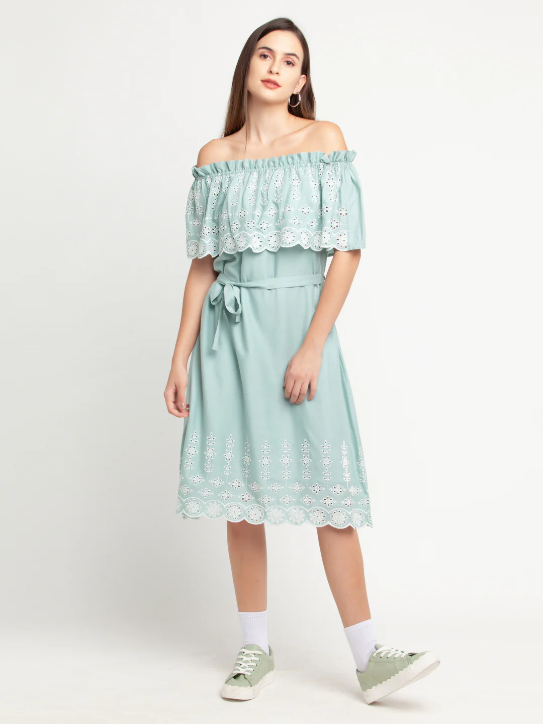 Blue Self Design Off-shoulder Midi Dress - Image 2