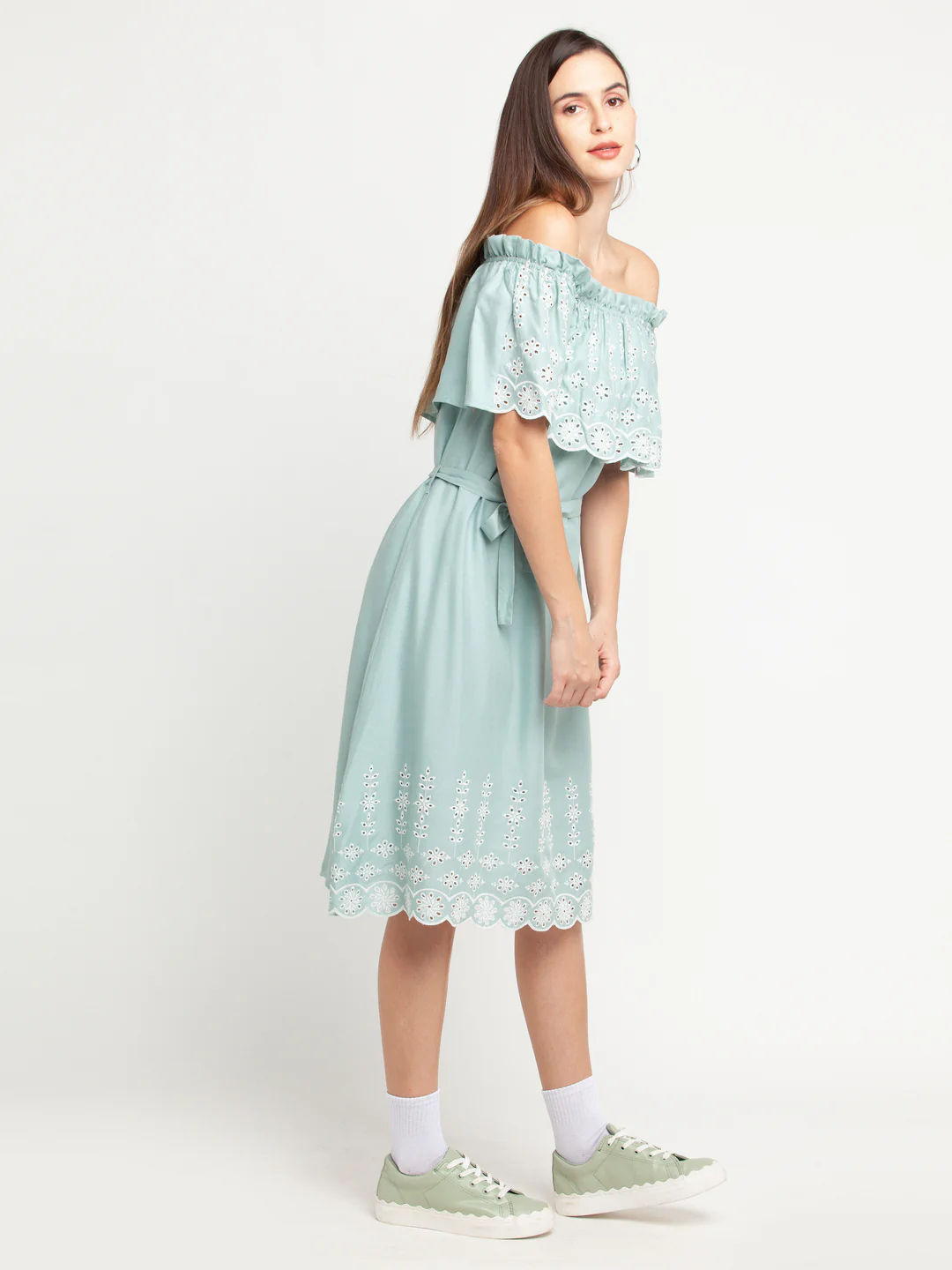 Blue Self Design Off-shoulder Midi Dress - Image 3