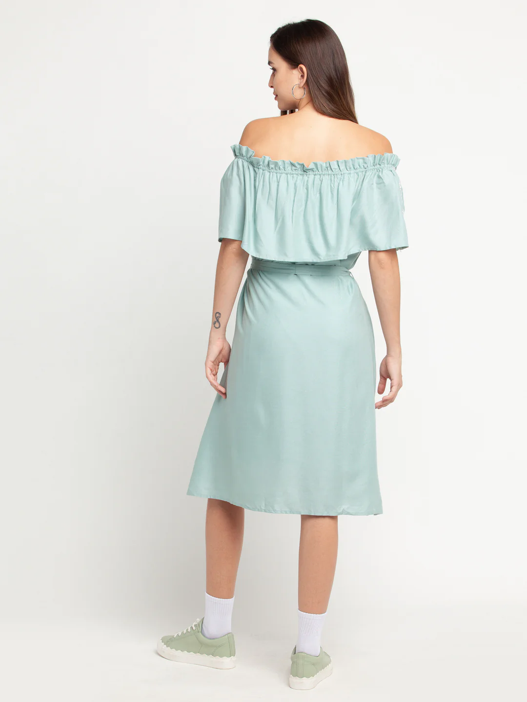 Blue Self Design Off-shoulder Midi Dress - Image 4