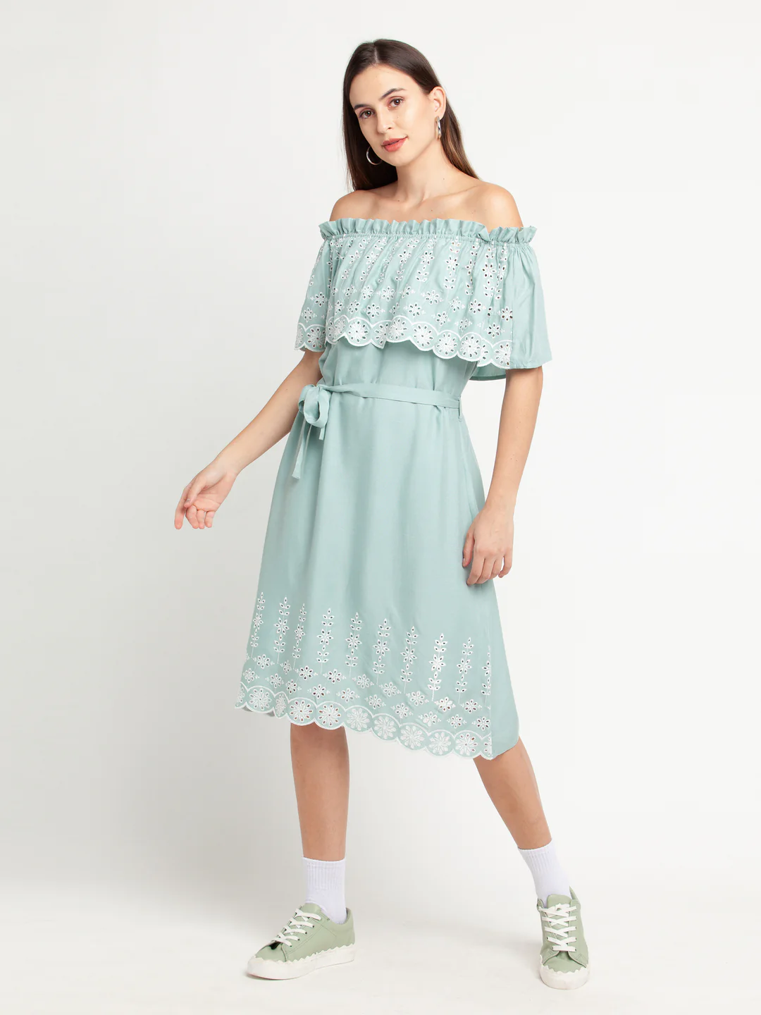 Blue Self Design Off-shoulder Midi Dress - Image 5