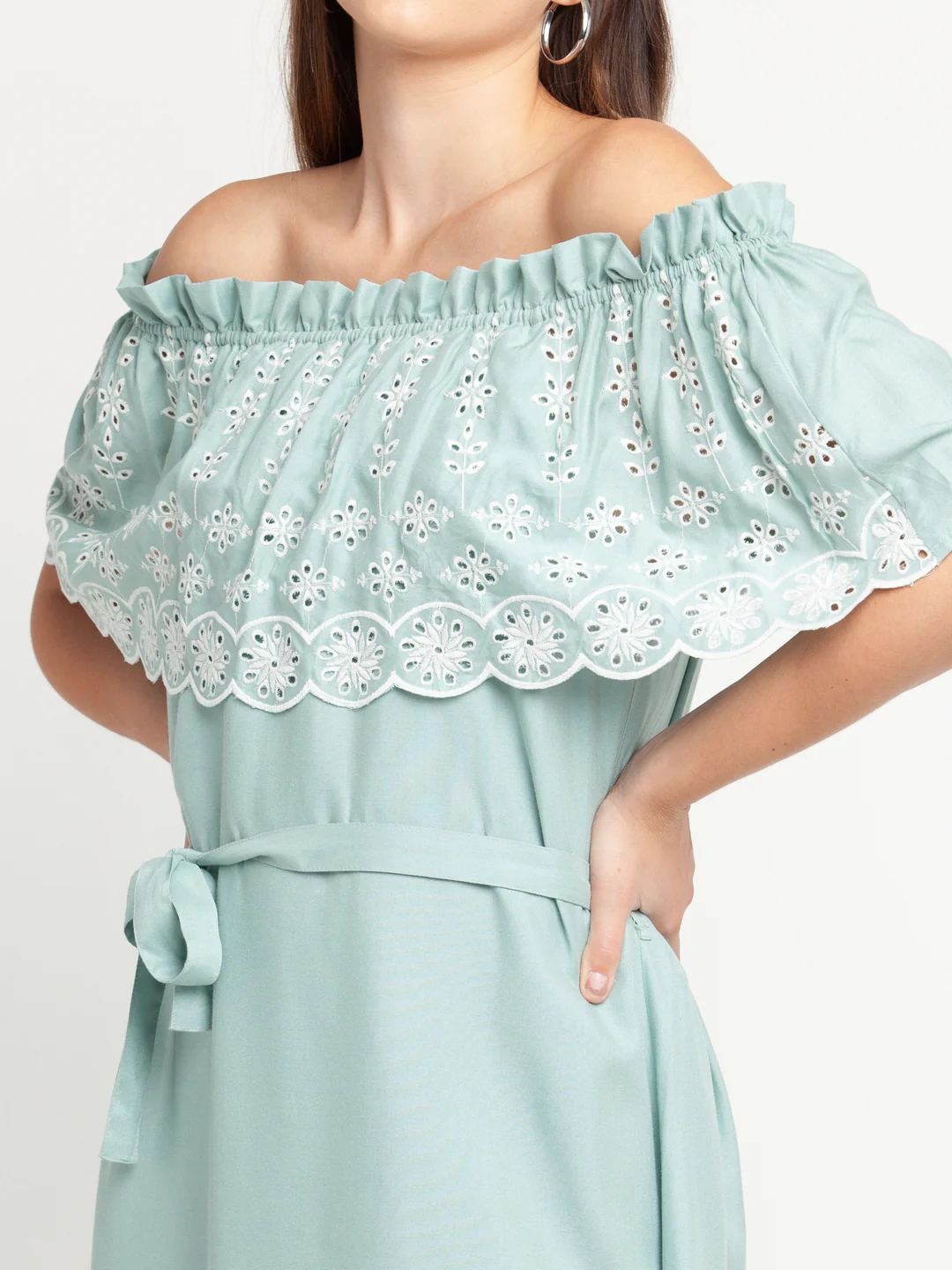 Blue Self Design Off-shoulder Midi Dress - Image 6