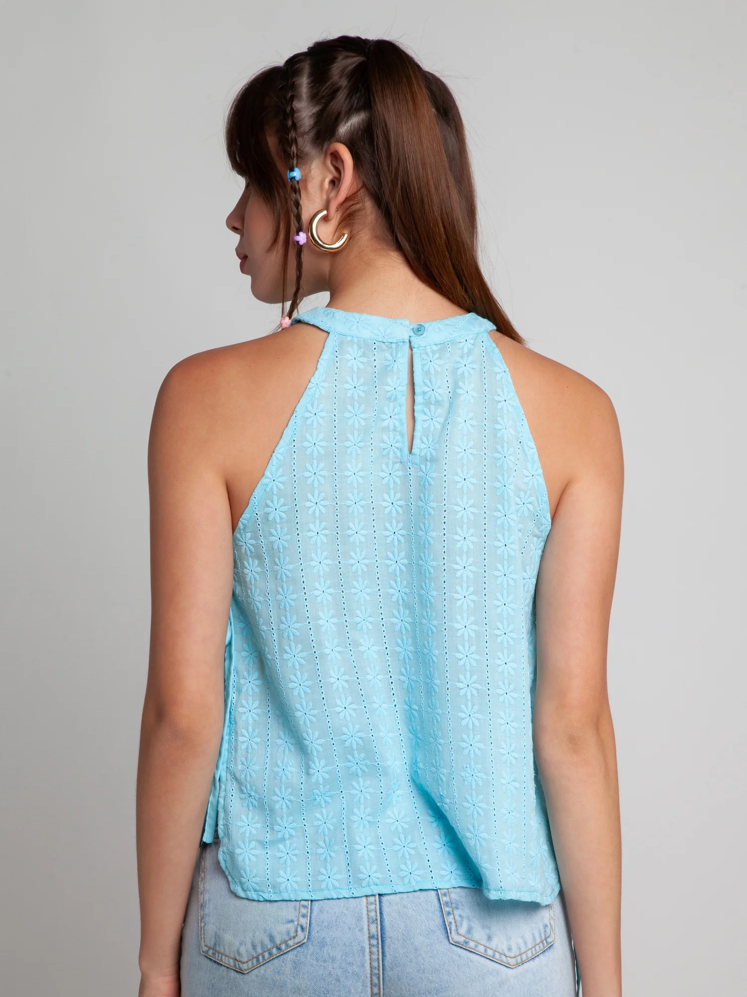 Blue Self Design Tie-Up Top - Image 3