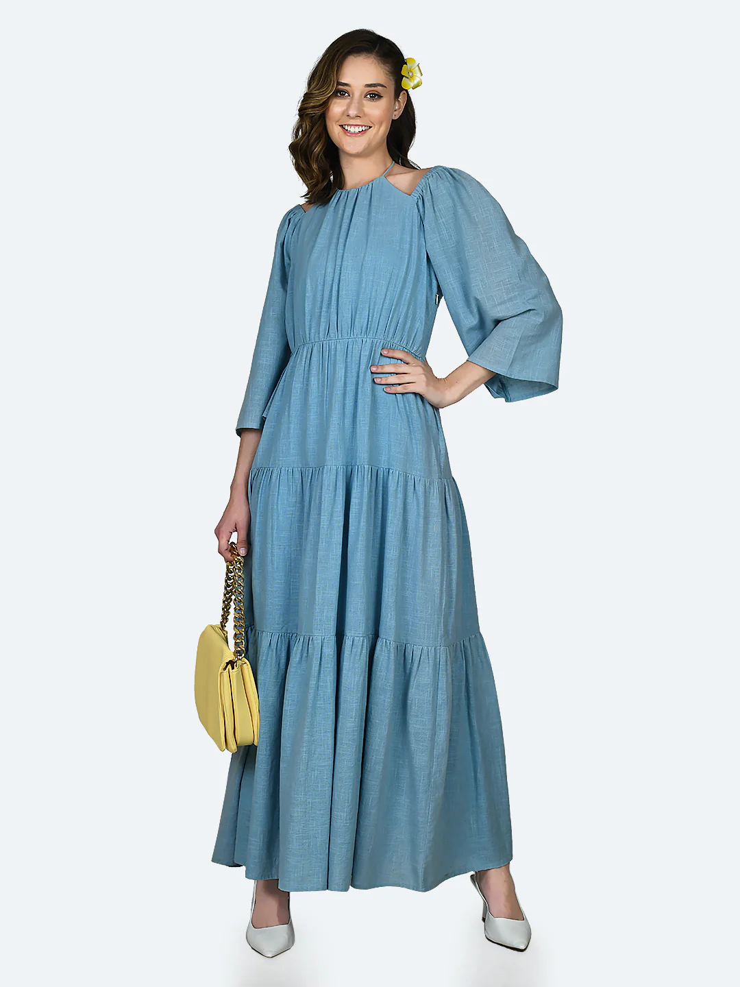 Blue Self Design Tiered Maxi Dress - Image 2