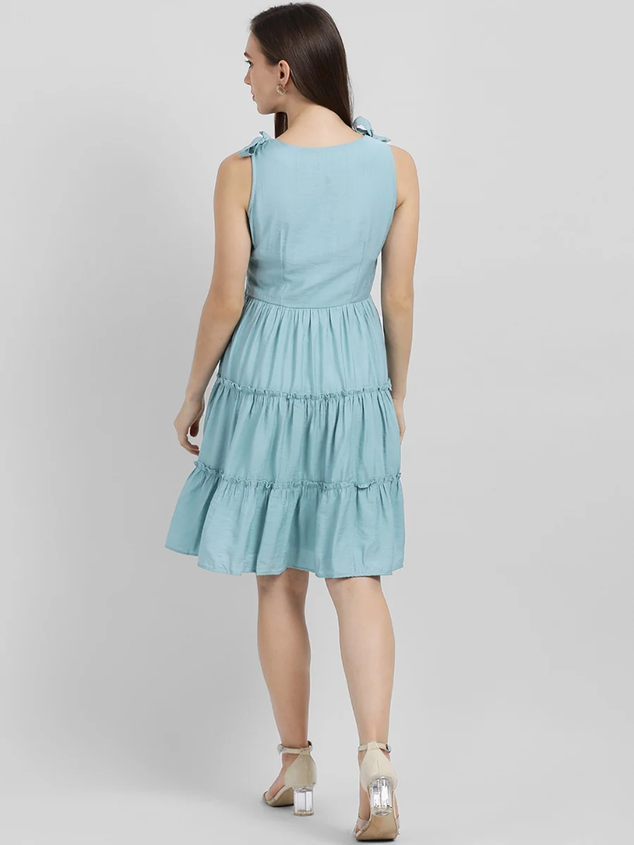 Blue Solid A-Line Dress - Image 6