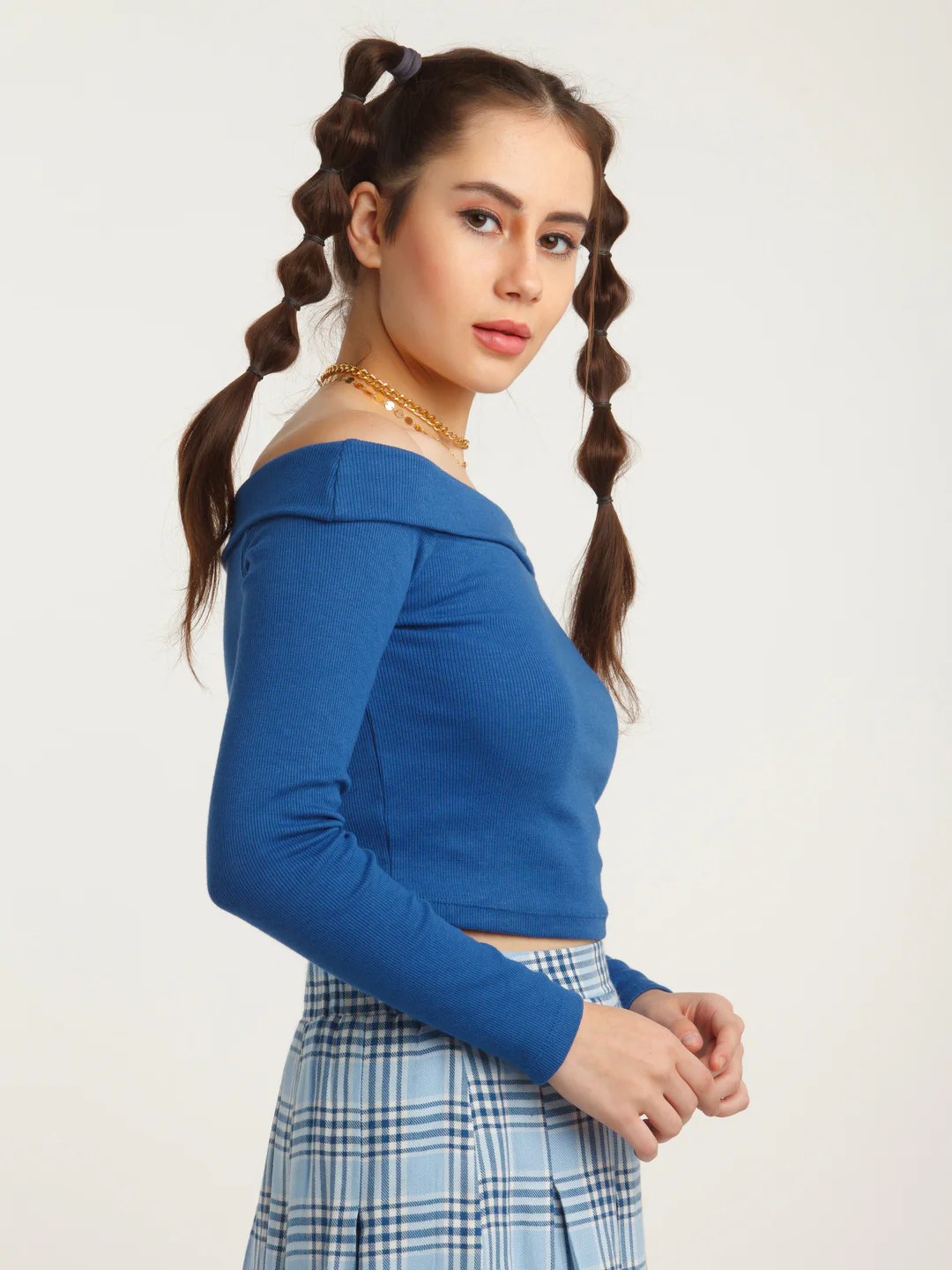 Blue Solid Bardot Top - Image 5