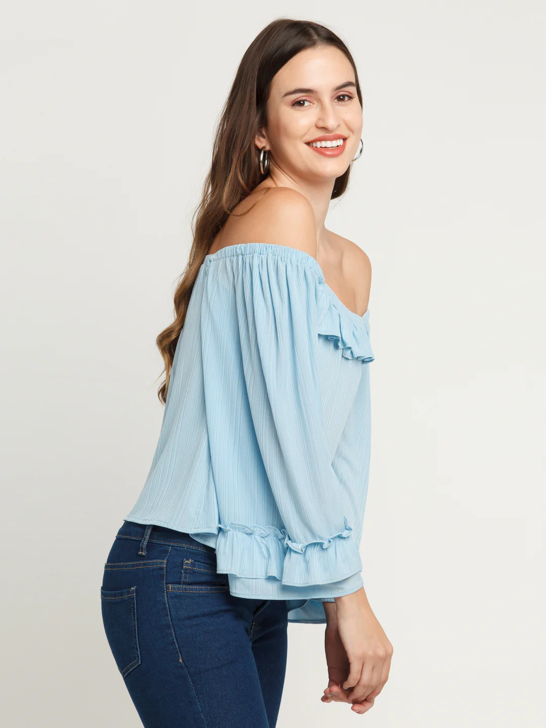 Blue Solid Bardot Top - Image 3