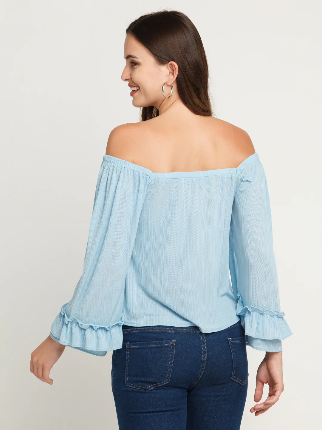 Blue Solid Bardot Top - Image 4