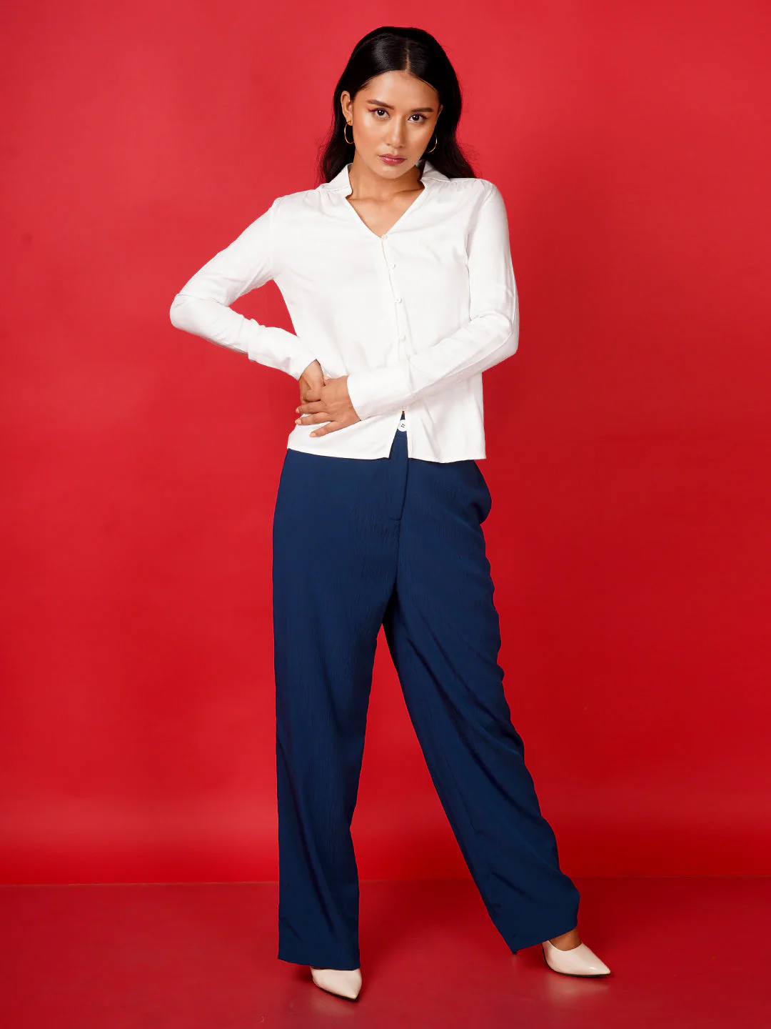 Blue Solid Basic Straight Trouser