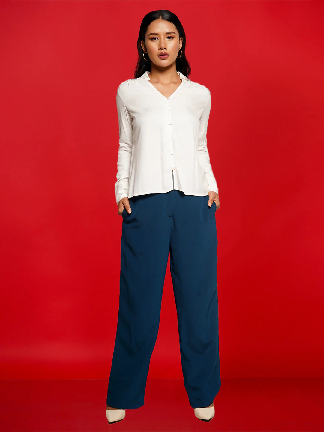 Blue Solid Basic Straight Trouser - Image 5