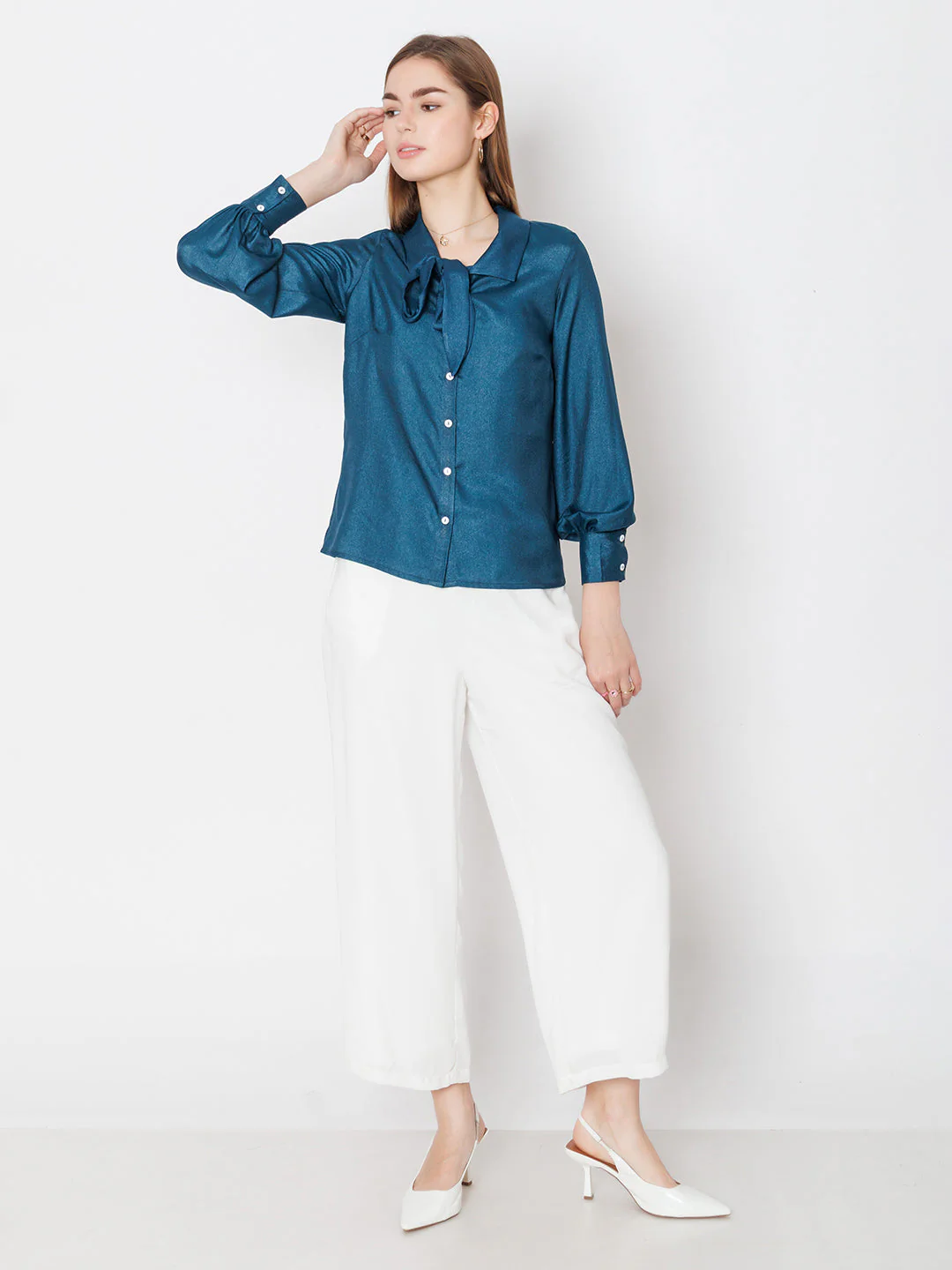 Blue Solid Basic Tie Up Shirt
