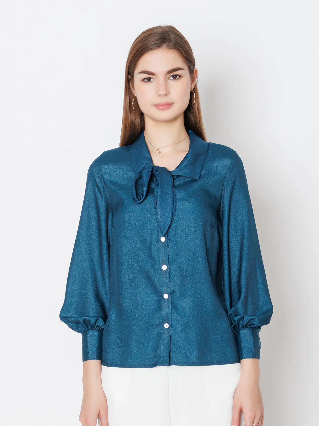 Blue Solid Basic Tie Up Shirt - Image 2