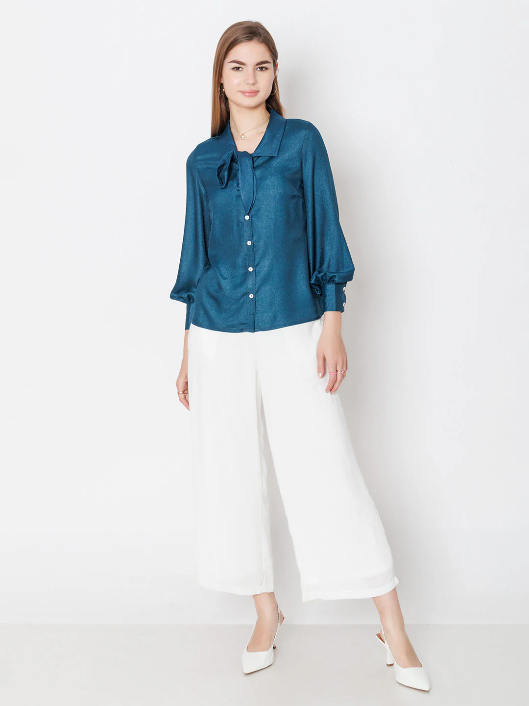 Blue Solid Basic Tie Up Shirt - Image 5