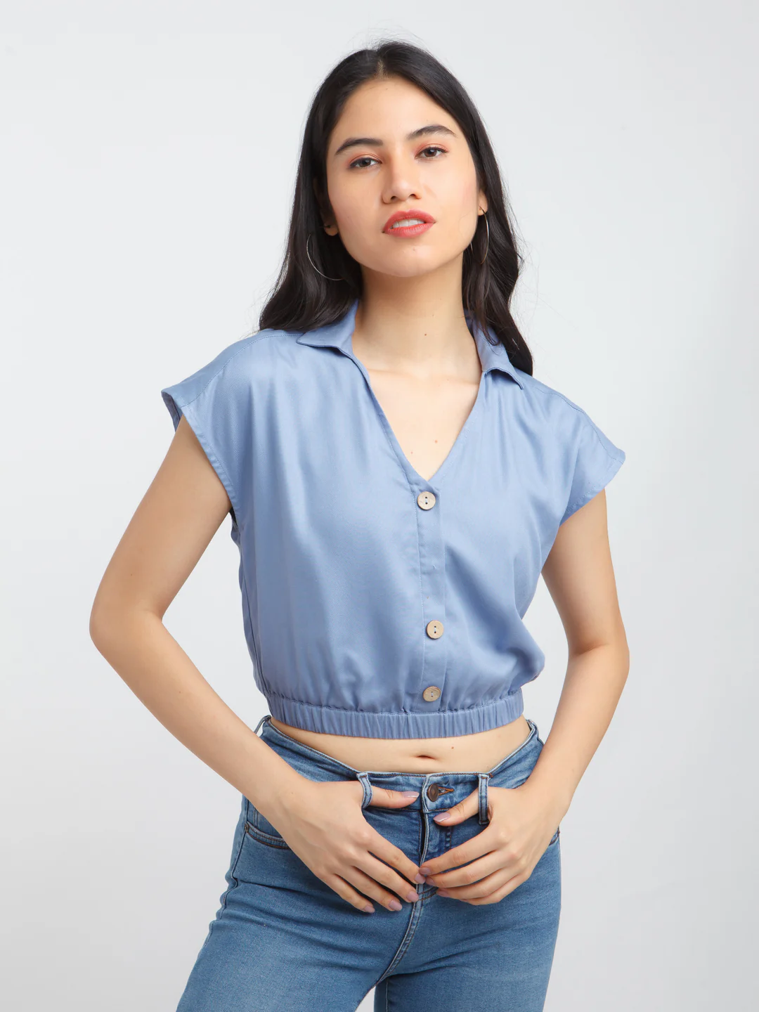 Blue Solid Crop Top - Image 2