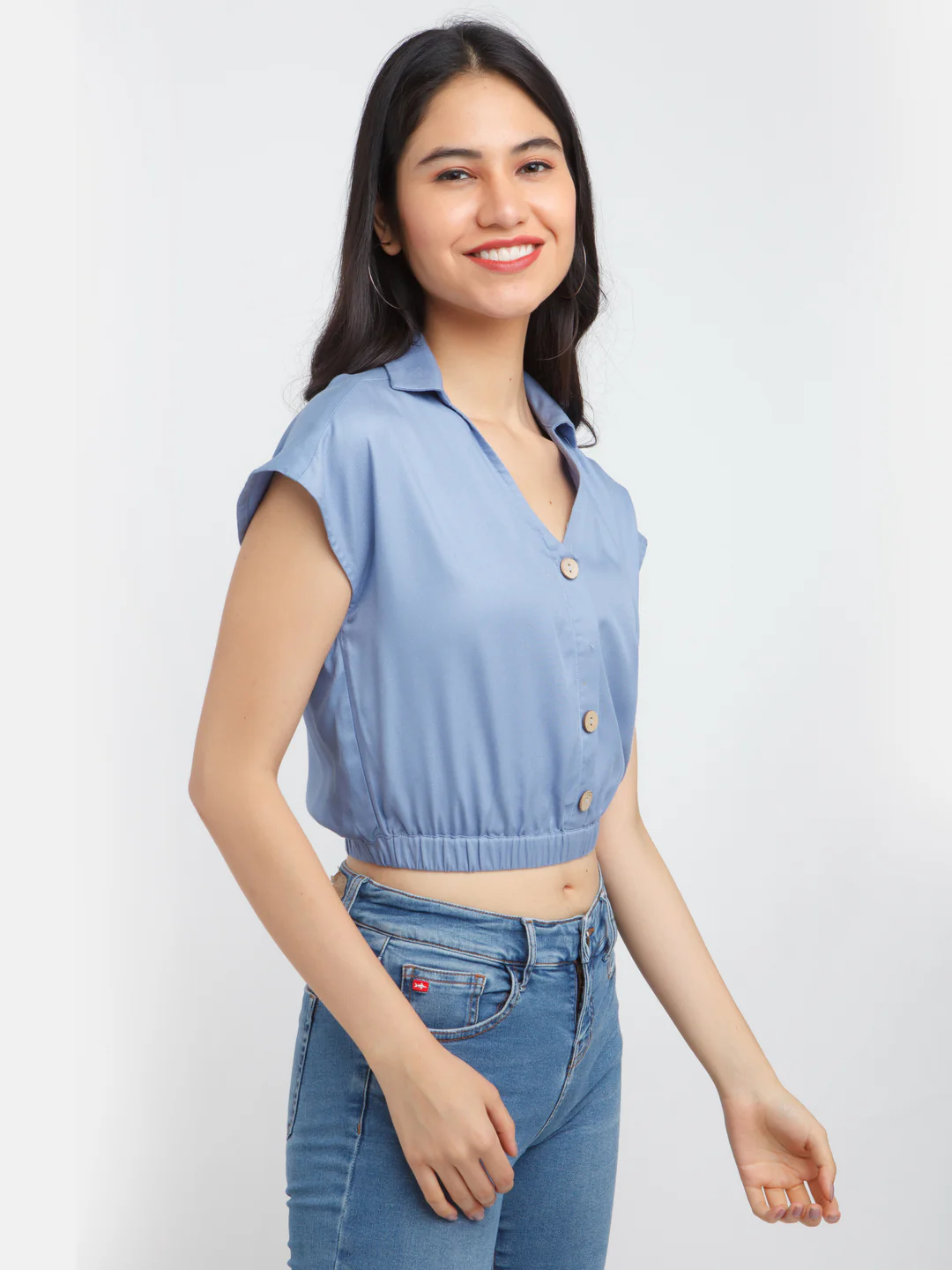 Blue Solid Crop Top - Image 3