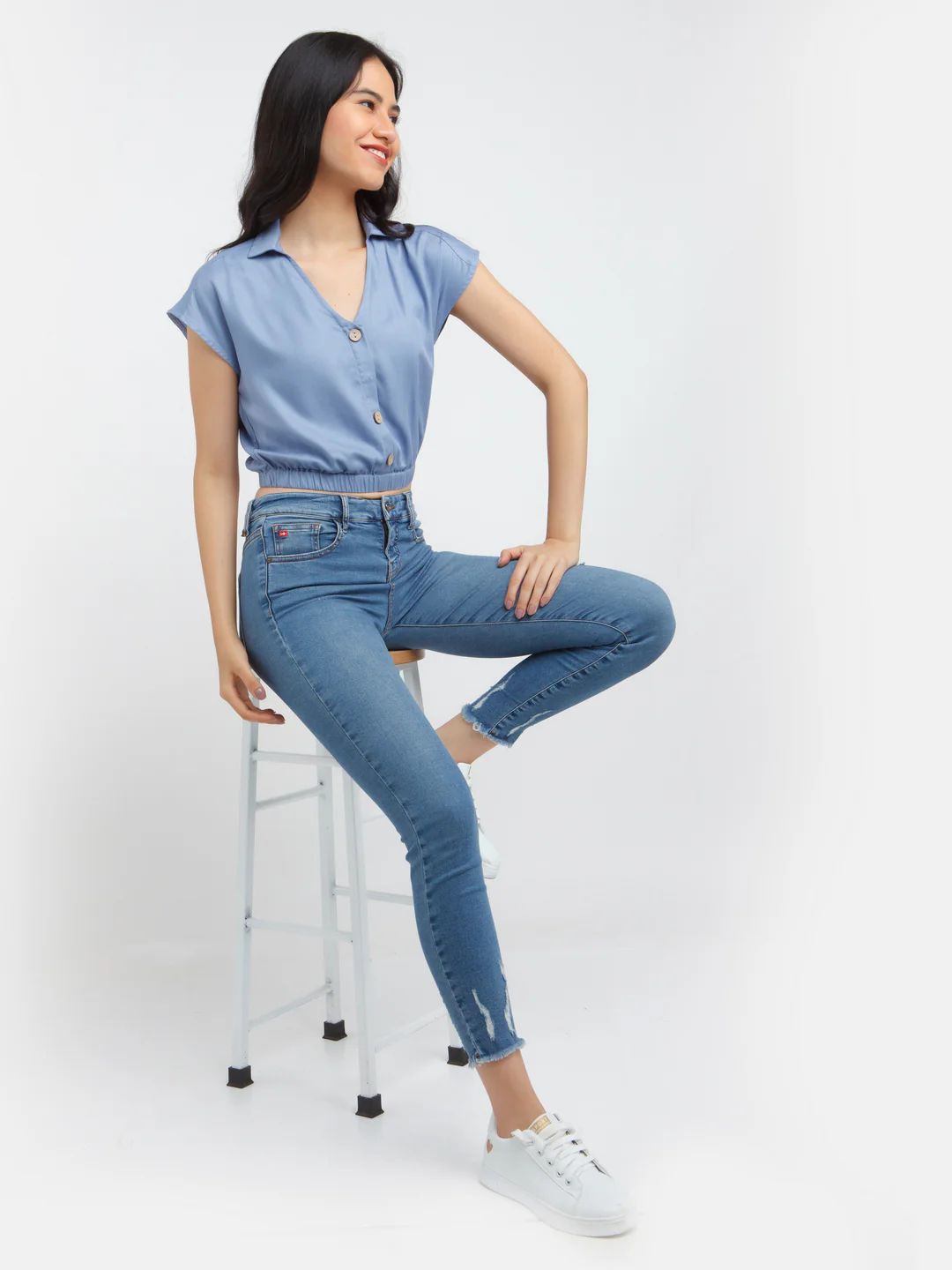 Blue Solid Crop Top - Image 5