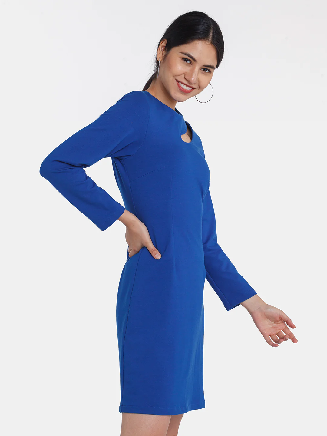 Blue Solid Cut Out Short Dress - Image 3