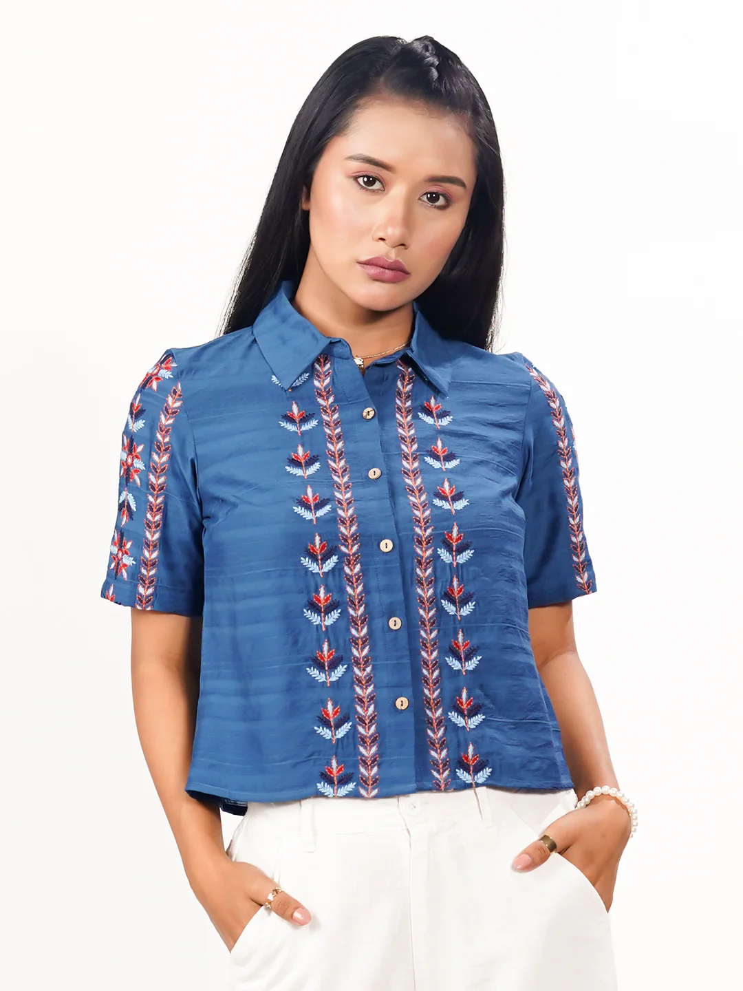 Blue Solid Embroidered Basic Shirt - Image 2