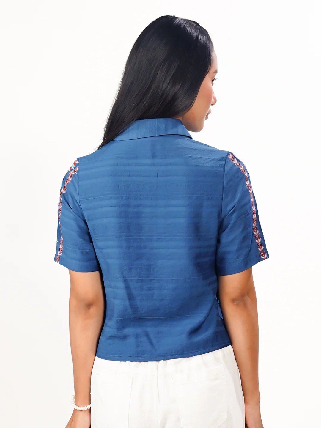 Blue Solid Embroidered Basic Shirt - Image 3
