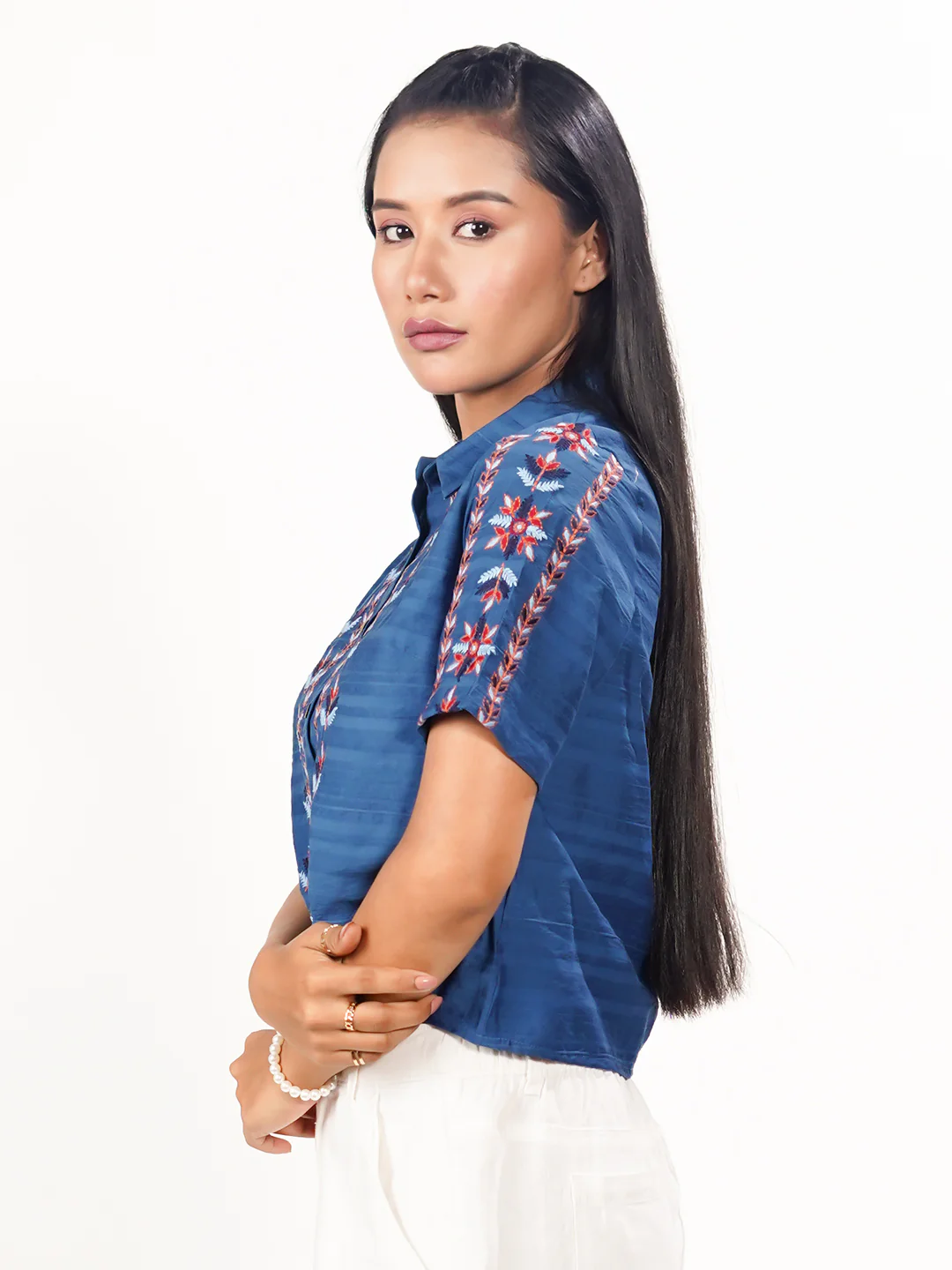 Blue Solid Embroidered Basic Shirt - Image 4