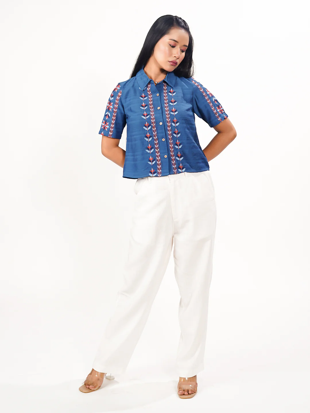 Blue Solid Embroidered Basic Shirt - Image 5