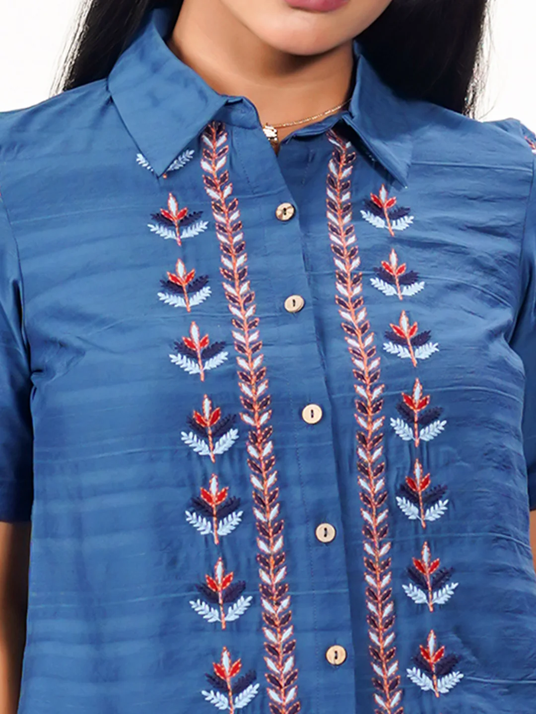 Blue Solid Embroidered Basic Shirt - Image 6