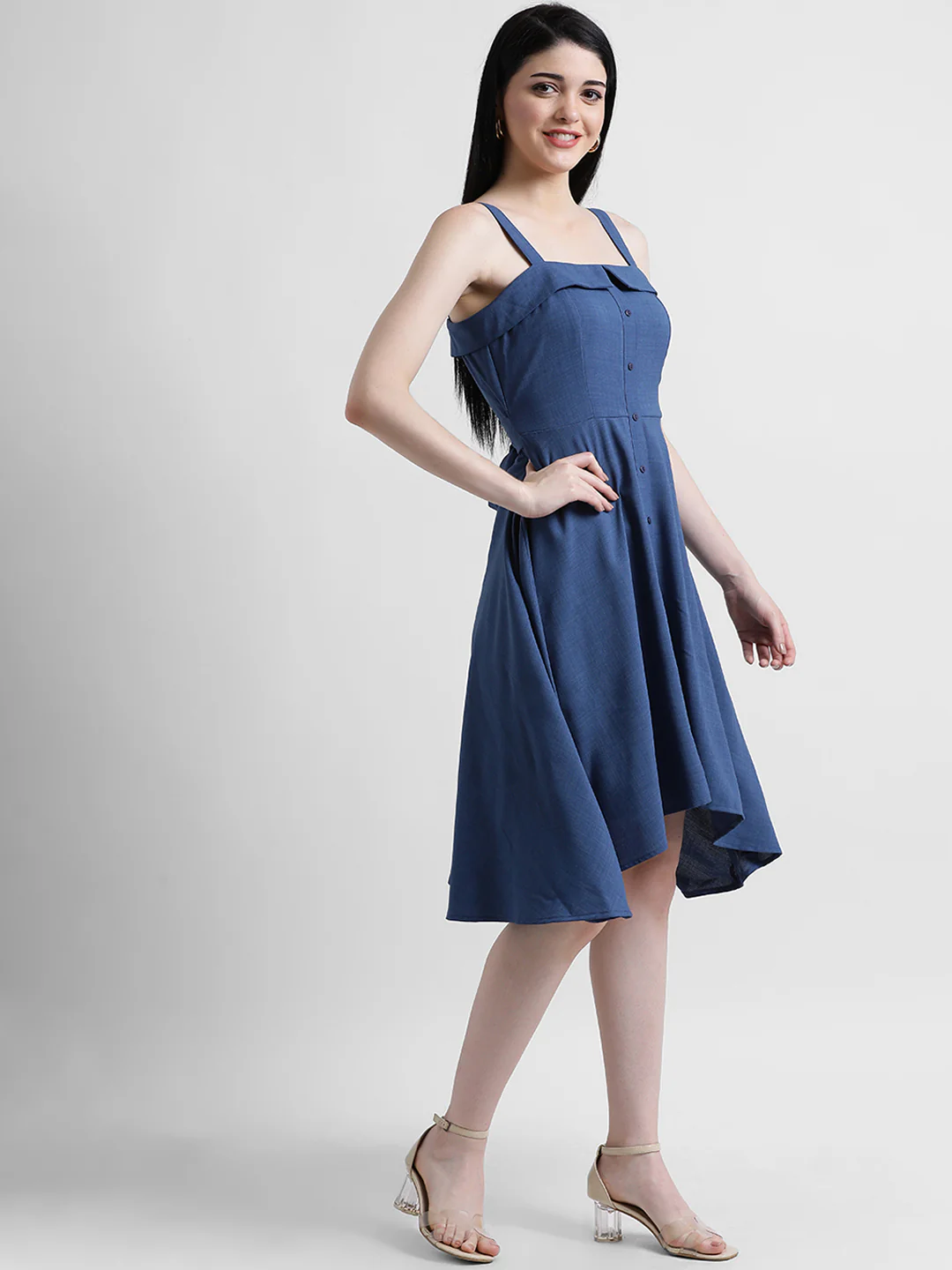 Blue Solid Fit & Flare Dress - Image 3