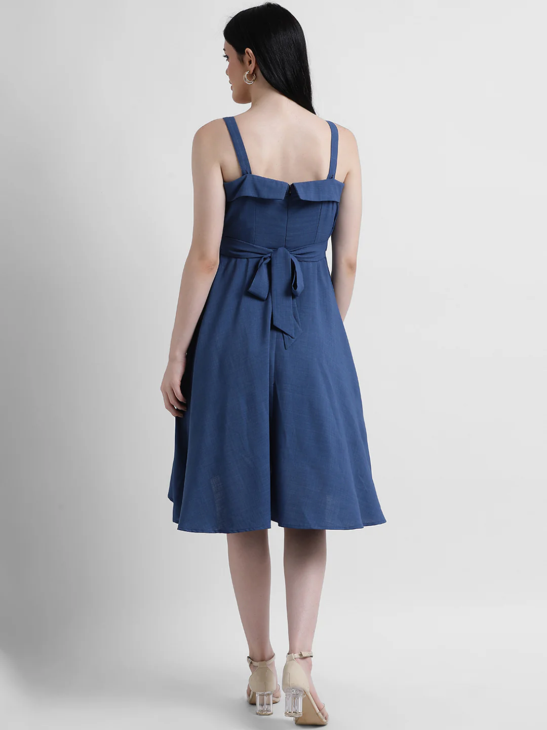 Blue Solid Fit & Flare Dress - Image 4