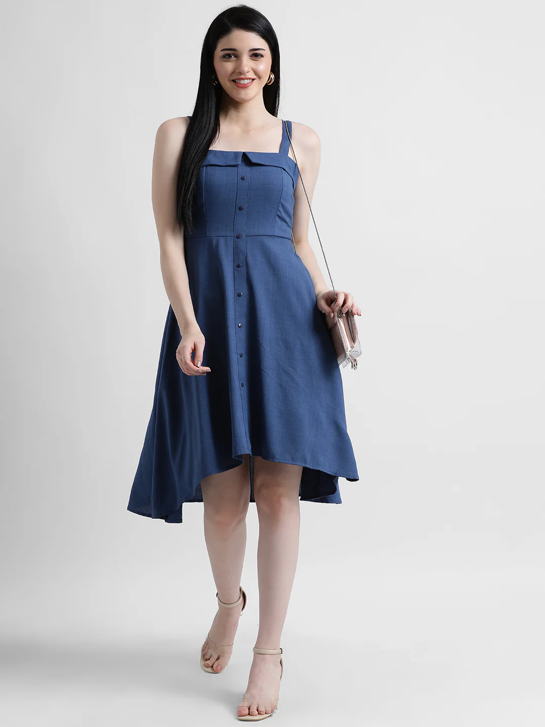 Blue Solid Fit & Flare Dress - Image 5