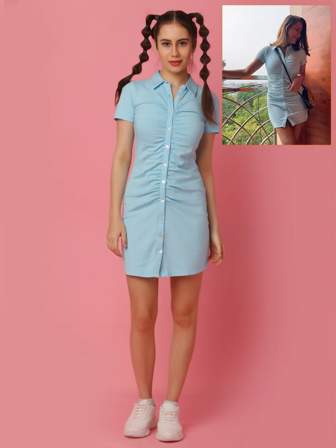Blue Solid Fitted Shirt Style Short Dress