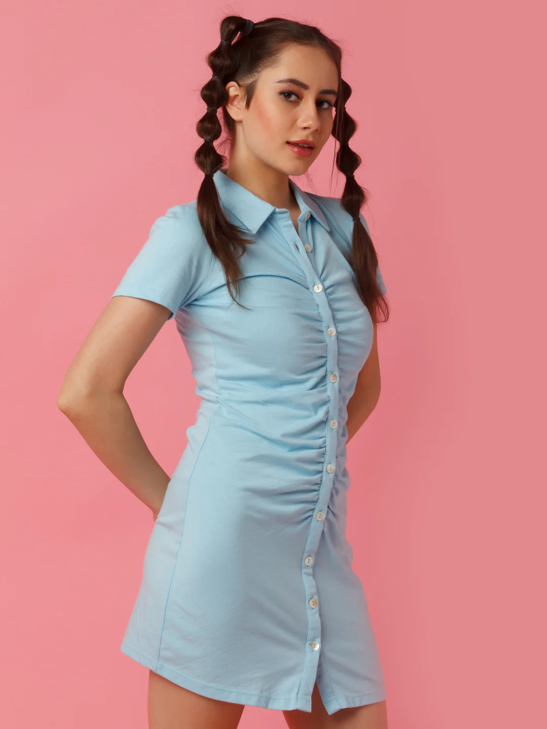 Blue Solid Fitted Shirt Style Short Dress - Image 3